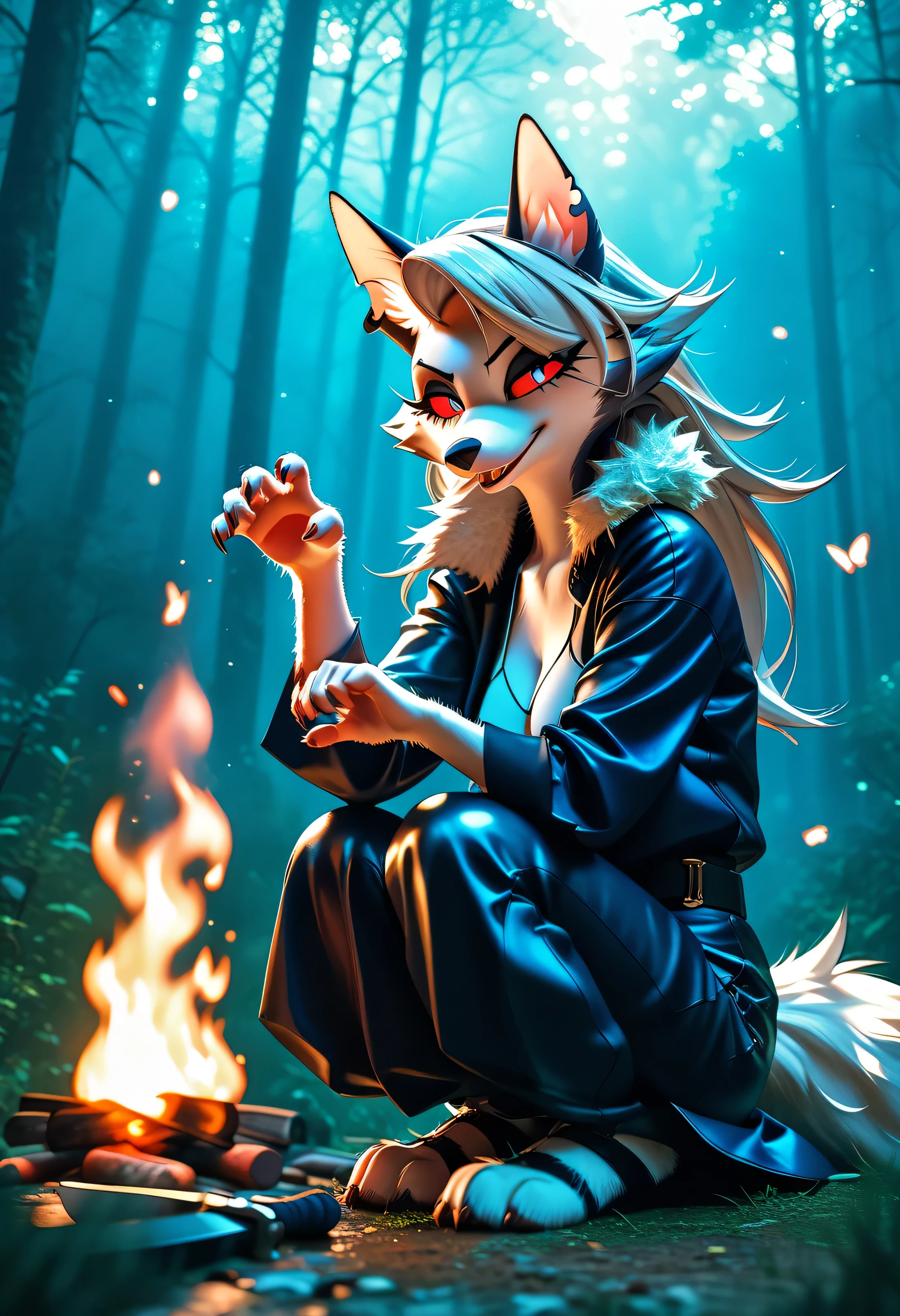 Anthro Loona from Helluva Boss, female furry, anime-style, full-body, sitting in relaxed pose by a glowing campfire, night forest background with glowing stars and distant fireflies, wearing a travel-worn fantasy bikini — leather top with fur trim, simple wrap skirt with belt and pouches, clawed hands holding a steaming cup or dagger, messy spiky hair glowing in the firelight, fluffy tail curled around her, expression calm but alert, glowing red eyes reflecting flames, soft painterly shading, anime-style character rendering, textured fur and fabric, (sakimichan) style, warm lighting and shadows, traveler’s gear nearby, forest ambiance, (score_9, score_8_up, score_7_up), 1dk, 8k, masterpiece, high quality, ultra-detailed, expressive pose, (Expressiveh:0.8)