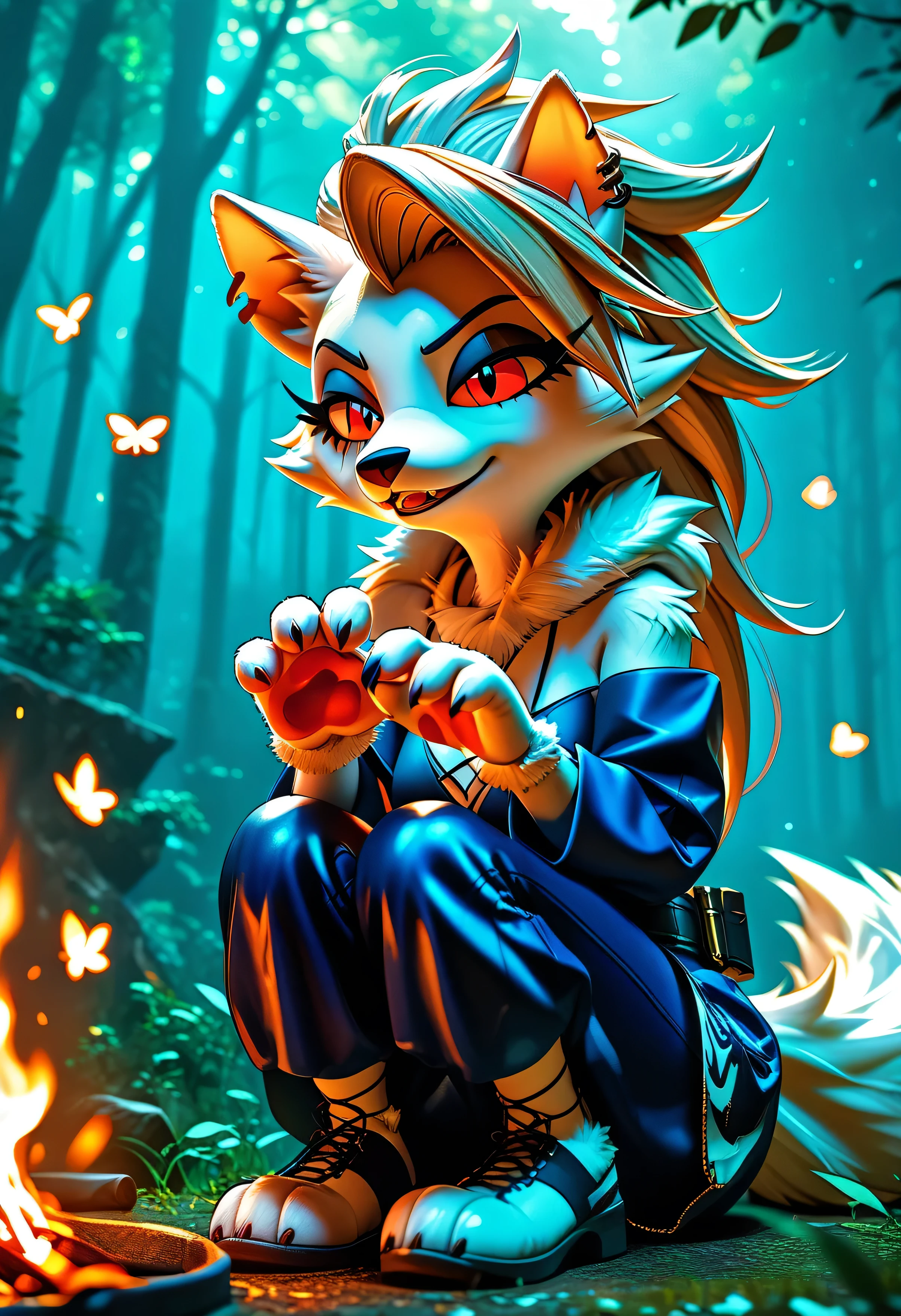 Anthro Loona from Helluva Boss, female furry, anime-style, full-body, sitting in relaxed pose by a glowing campfire, night forest background with glowing stars and distant fireflies, wearing a travel-worn fantasy bikini — leather top with fur trim, simple wrap skirt with belt and pouches, clawed hands holding a steaming cup or dagger, messy spiky hair glowing in the firelight, fluffy tail curled around her, expression calm but alert, glowing red eyes reflecting flames, soft painterly shading, anime-style character rendering, textured fur and fabric, (sakimichan) style, warm lighting and shadows, traveler’s gear nearby, forest ambiance, (score_9, score_8_up, score_7_up), 1dk, 8k, masterpiece, high quality, ultra-detailed, expressive pose, (Expressiveh:0.8)