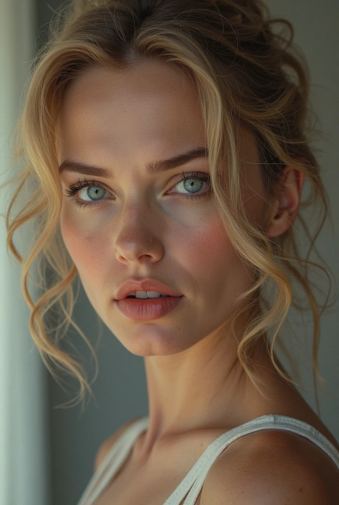 (best quality,4k,8k,highres,masterpiece:1.2),ultra-detailed,(realistic,photorealistic,photo-realistic:1.37),blonde beautiful wearing lingerie detailed eyes,beautiful detailed lips,extremely detailed face,long eyelashes,portrait,blonde model with a bun,posing,studio lighting,vivid colors,soft shadows,subtle highlights,fashion photography