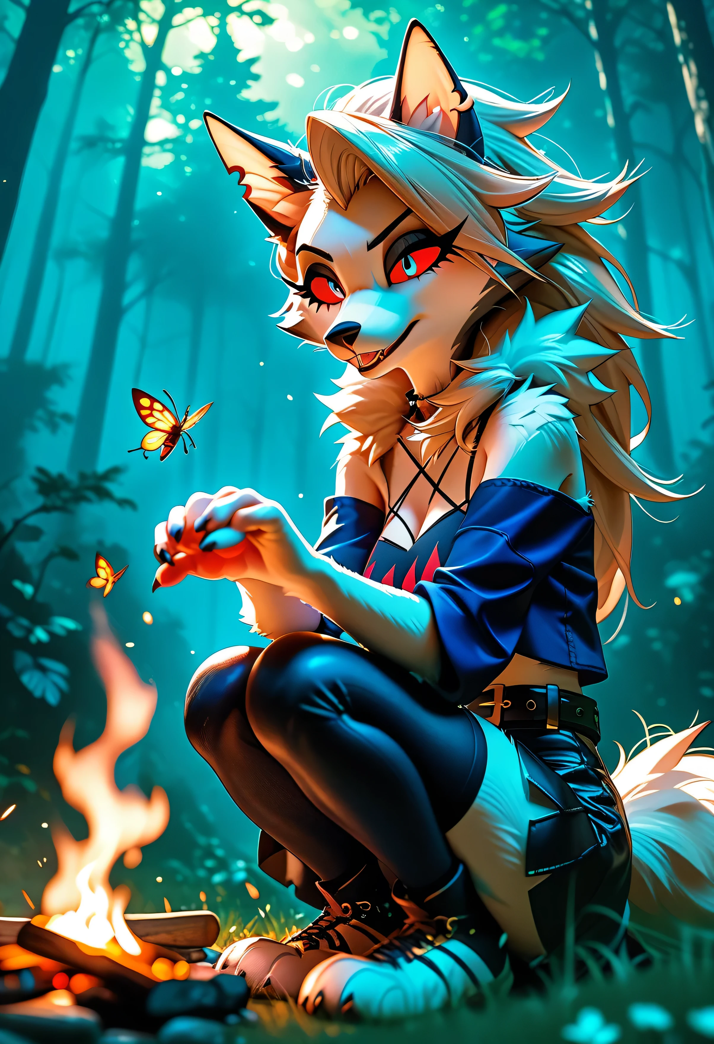 Anthro Loona from Helluva Boss, female furry, anime-style, full-body, sitting in relaxed pose by a glowing campfire, night forest background with glowing stars and distant fireflies, wearing a travel-worn fantasy bikini — leather top with fur trim, simple wrap skirt with belt and pouches, clawed hands holding a steaming cup or dagger, messy spiky hair glowing in the firelight, fluffy tail curled around her, expression calm but alert, glowing red eyes reflecting flames, soft painterly shading, anime-style character rendering, textured fur and fabric, (sakimichan) style, warm lighting and shadows, traveler’s gear nearby, forest ambiance, (score_9, score_8_up, score_7_up), 1dk, 8k, masterpiece, high quality, ultra-detailed, expressive pose, (Expressiveh:0.8)