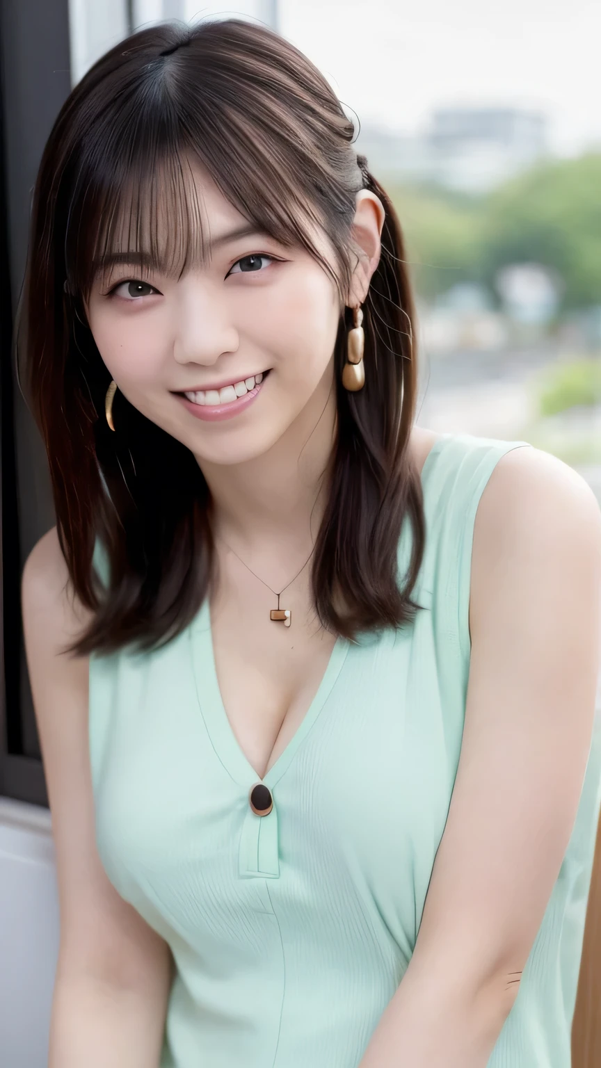 NSFW:1.3:((highest quality、8K resolution、master masterpiece、portrait:1.3)), Photoreal, 35mm film, mature woman:1.5,daytime, wrinkles around the eyes,wrinkles around the mouth,((fancy green bra_panties:1.3)) , (outdoors_city street: 1.3), jumbled background,look at the audience,(Tokyo cityscape:1.3), whole body,smile