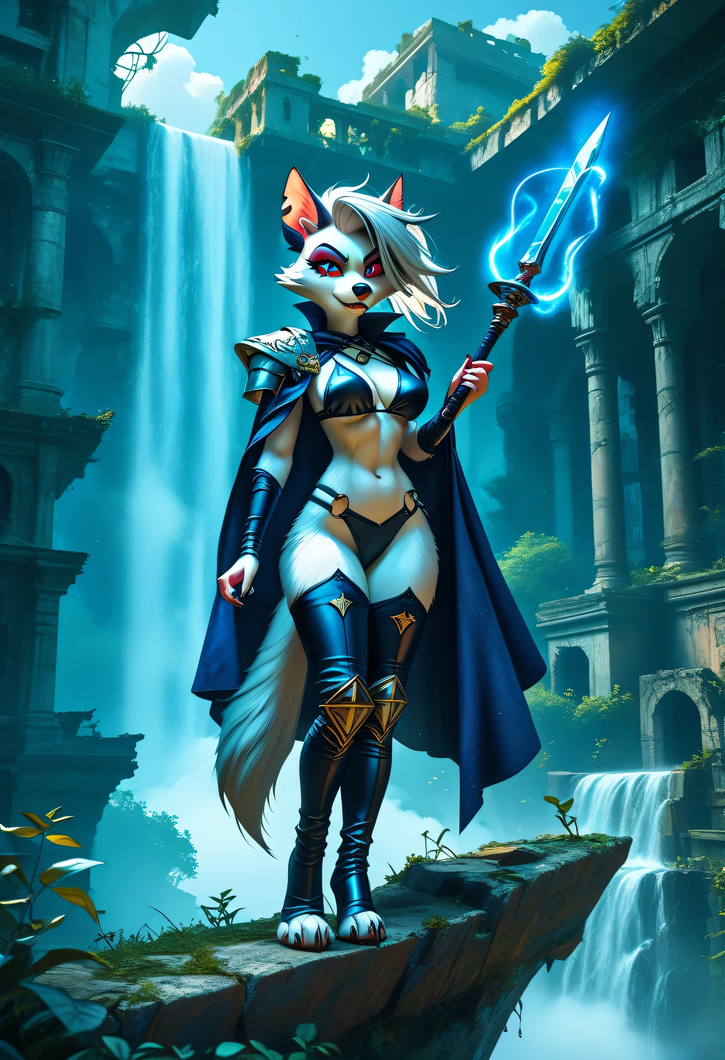 Anthro Loona from Helluva Boss, female furry, anime-style, full-body, standing on cliff edge overlooking vast enchanted valley, wind blowing through her spiky black-and-white hair, tail whipping dramatically, wearing a rugged fantasy bikini — reinforced leather top with lacing, short cloak hanging from one shoulder, high-cut bottoms with gear straps, boots with travel wear, expression determined and wild, claws resting on a walking staff or sword strapped to her back, background of ancient ruins and glowing waterfalls, mist in the air, painterly anime rendering, detailed fur and armor textures, earthy color palette with glowing blue magic highlights, (sakimichan) style, (score_9, score_8_up, score_7_up), 1dk, 8k, masterpiece, high quality, ultra-detailed, expressive pose, (Expressiveh:0.8)
