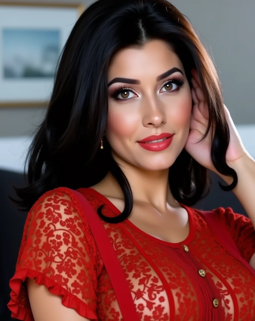 Indian curvy 45 old women wearing  red blouse showing side boobs curves with a seductive smile while seating in chair 