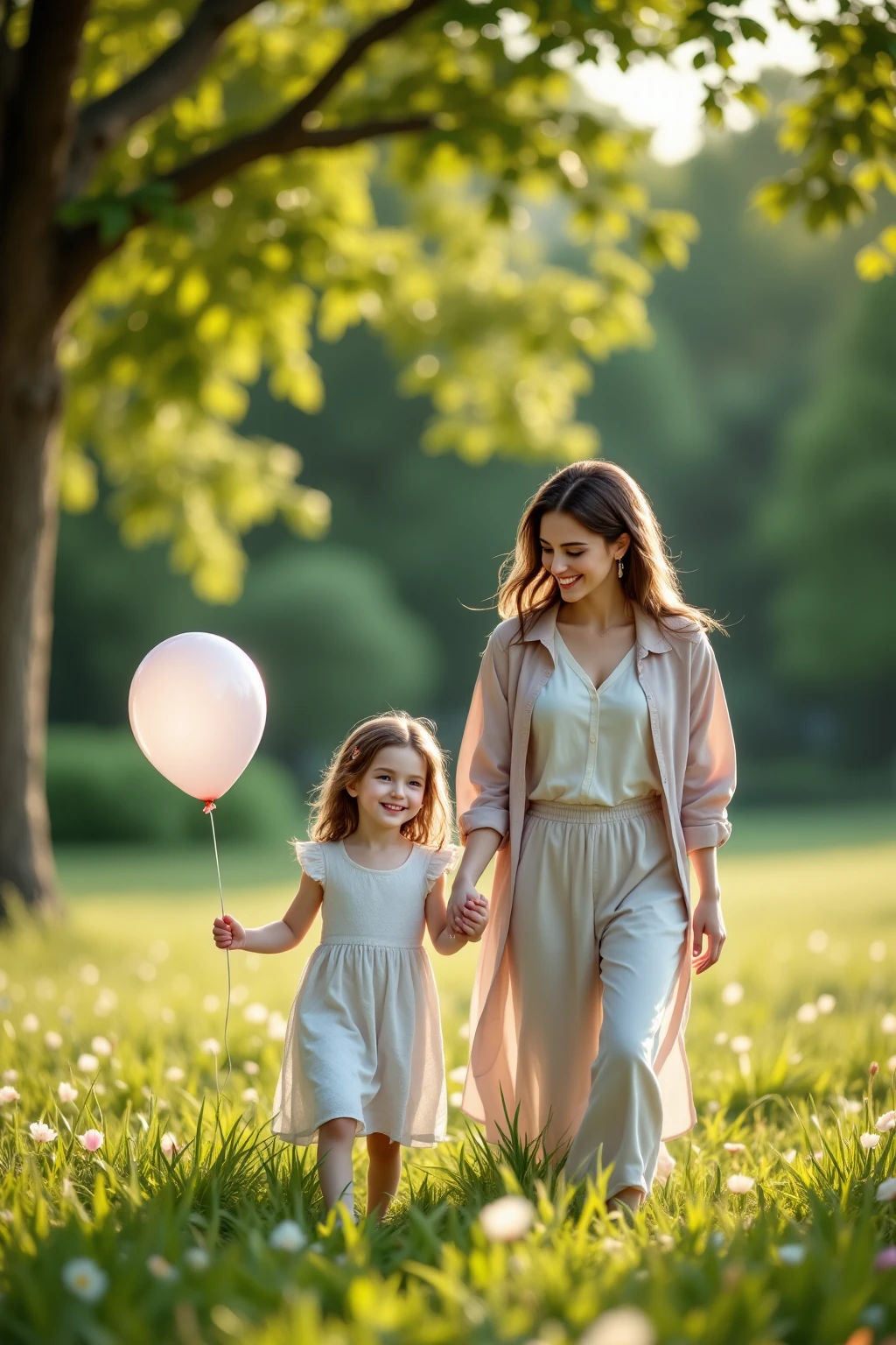 young mother with daughter in jeans with flounce in park, 19th century photo, deep focus, vintage film grain, color correction retro style, soft lighting,