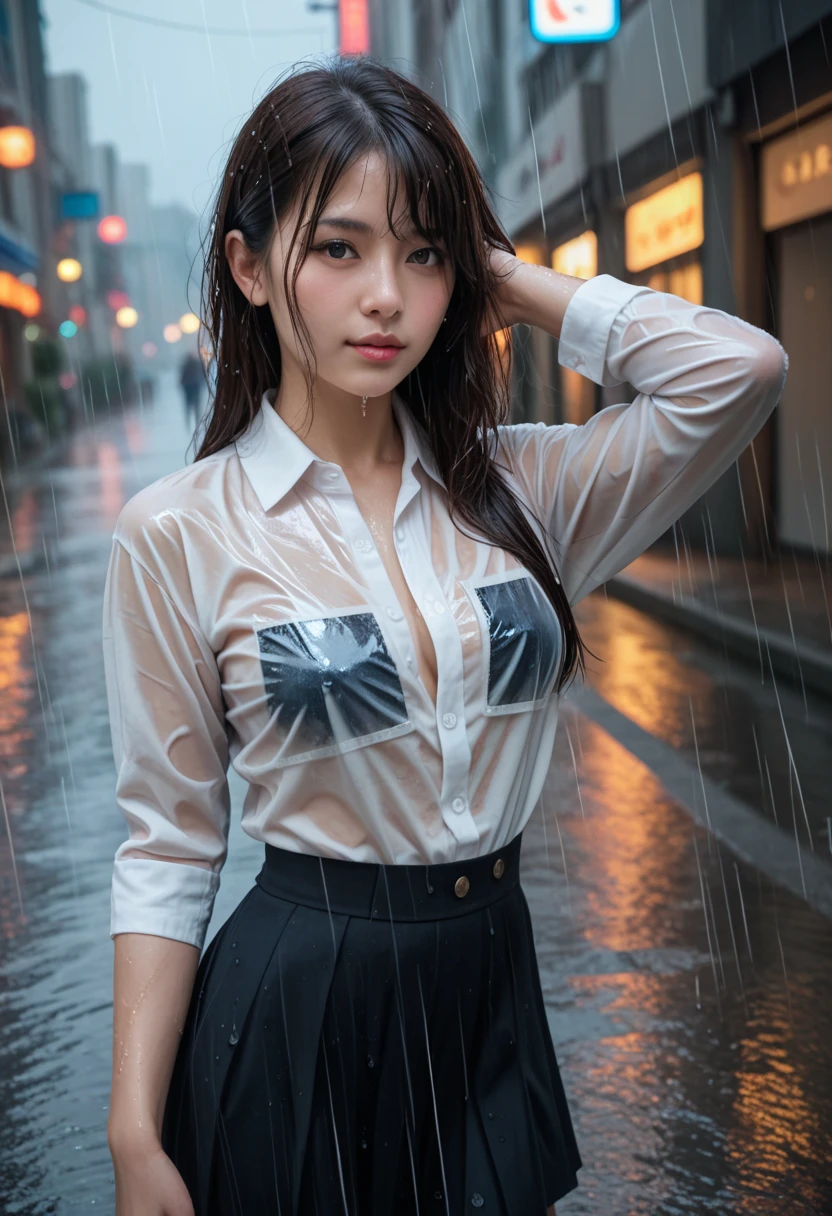 Beautiful Japan woman in her 40s, (My whole body is soaked:1.3), [(see through t-shirt):lace bra under the t-shirt:0.3], Realistic, Realistic, Realistic body shape, Very detailed, highest quality, 8k, Sharp focus, High resolution, Ideal ratio, Kind eyes, High nose, Hot lips, light makeup, detailed face, skirt, (rain in background:1.2), Sad expression, half body shot