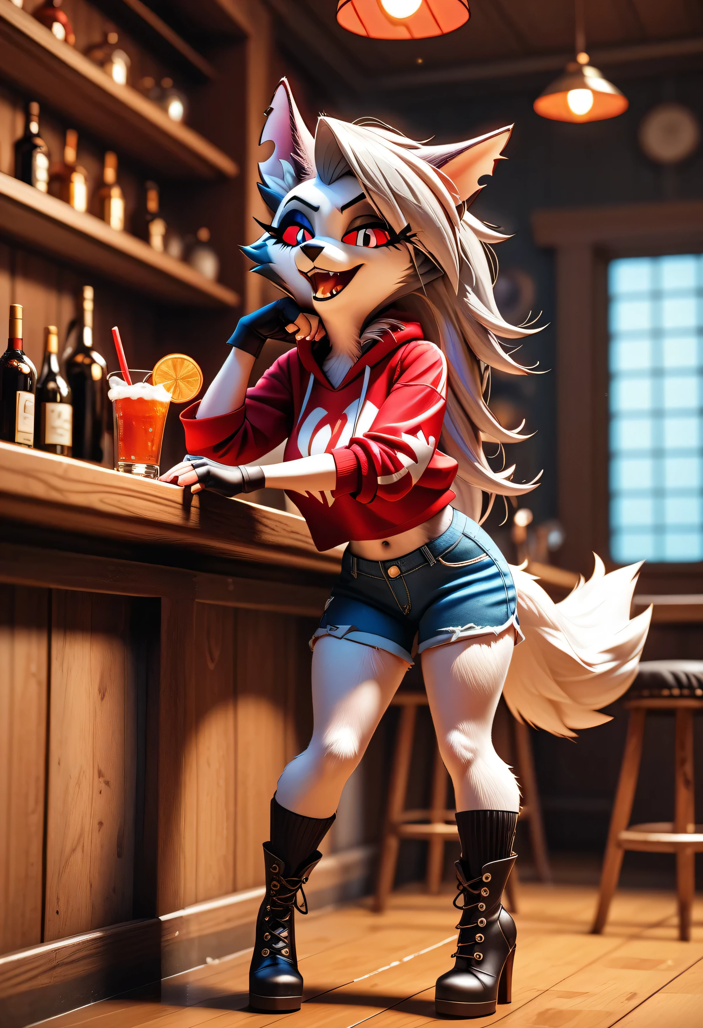 Highly Detailed Eyes: 0.4, Highly Detailed Eyes: 0.4. Highly Detailed Five Fingers: 0.8, Highly Detailed Hand: 0.8, Highly Detailed Arm: 0.8. Highly detailed background: 0.8, Highly detailed beautiful illustration: 0.2, Masterpiece: 1.2, High quality: 1.2, 3D world: 0.4, Realism: 0.4, High quality 1.2, High quality: 1.2, Anime illustration, Super illustration, Unreal Engine, Super 3D Illustration: 0.8, Sharpness, Best Picture, Super Fine: 0.8, Super Resolution: 1.8, Super 3D: 0.8, Super 3D CG: 0.8, Ultra High Definition CG: 0.8, 16K: 1.2, BREAK . (Only 01, alone, 1 female: 1.2), (Hairy: 0.84), (Beastman: 0.86), (Dark blue furry: 1.2), Beautiful and pretty fox in her 30s, mikitsune, hairstyle straight Long hair, bangs, small face, heterochromia: 2.2, pale glowing eyes: 0.2, heart-shaped eyes: 1.4, slightly slim body, fluffy tail attached to coccyx: 1.2, BREAK. Drinking and getting drunk, blushing a little, sitting with knees up, holding a glass, BREAK. BREAK has cute hairpins, long straight hair, and bangs. Smile, BREAK. Casual letter print crew neck tank top, casual light outer jacket tied around the waist, long jeans, BREAK. Drinking alcohol, from the front, from the whole body, BREAK. Night, moonlight, cute casual room: 1.2.