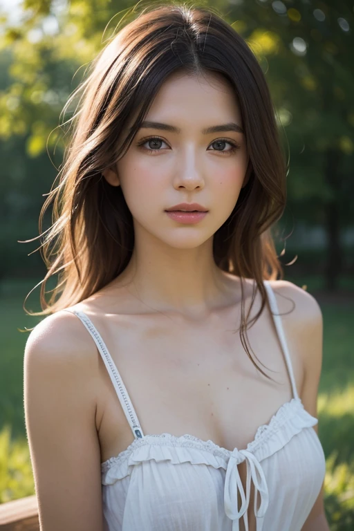 (masutepiece, Best Quality, Photorealistic, hight resolution, Photography, :1.3), Very close-up shot, Sharp Focus, 1 brunette girl, European Girl, hotmodel, Midriff, Highly detailed eyes and pupils, Realistic skin, Slim body shape, cleavage, very detail hair, Delicate sexy face, Organoleptic gas, shiny lips, ((wearing camisole)), ,The background is a town, ((Realistic, Super realistic, Realism, realistic detail)