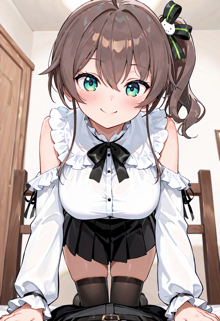 nsfw,((One Man and One Woman,having sex)),woman on top,Bare breasts,Idol Master, Chieri Ogata,short twin tails with reddish-brown hair,,,small breasts,brown eyes,green one piece,blush,Highest image quality,best quality