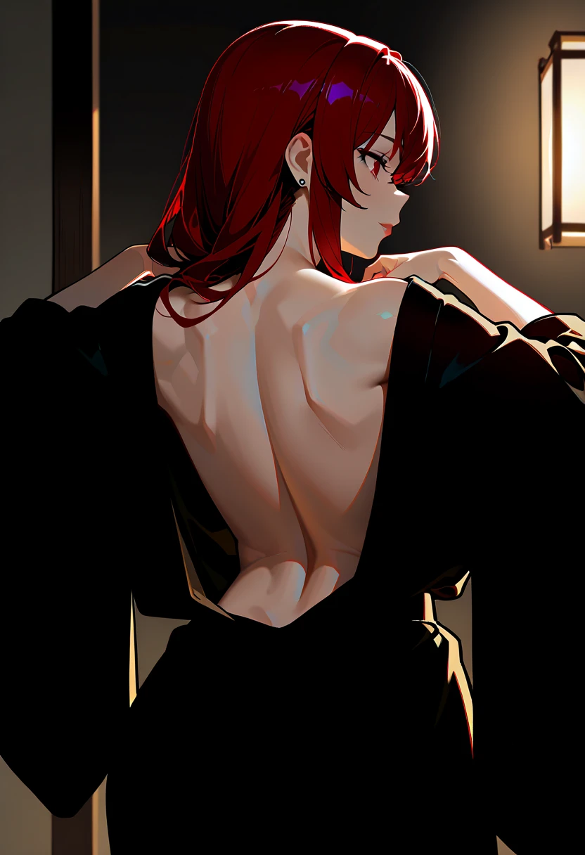 Makima \(chain saw man\), holding knife, Blood Rain, 1girl in, Yui, permanent, redhair, Long braided hair, Golden Eyes, fringe, medium breasts, White shirt shows through, tie, stay, they are sinful:1.2), look at viewr, dark backgrounds, pant rack pan quality, glistning skin, top-quality, High resolution, Panty Pose, (Fully exposed panties:1.5)、(Skirt that rolls up:1.3)、(Skirt lift:1.3), panty shot Best, Quality, looking back, Panty Pose, (Fully exposed panties:1.5)、 (original Panties:1.3), (lying on back, head on pillow:1.6), ( closed legs:1.2), (from behind, lower body, looking at viewer :1.4),