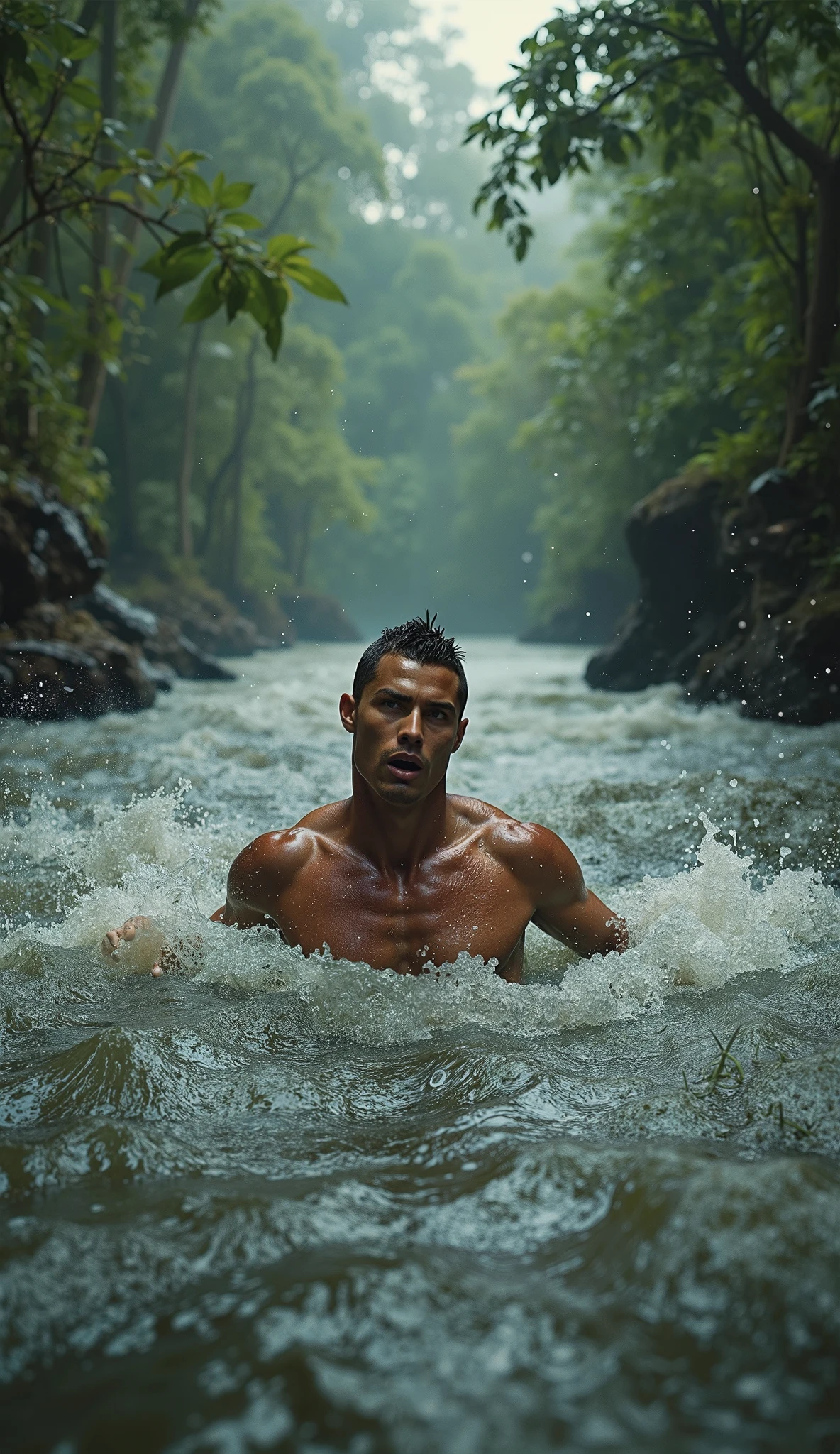 Tom Cruise bathing in a large waterfall