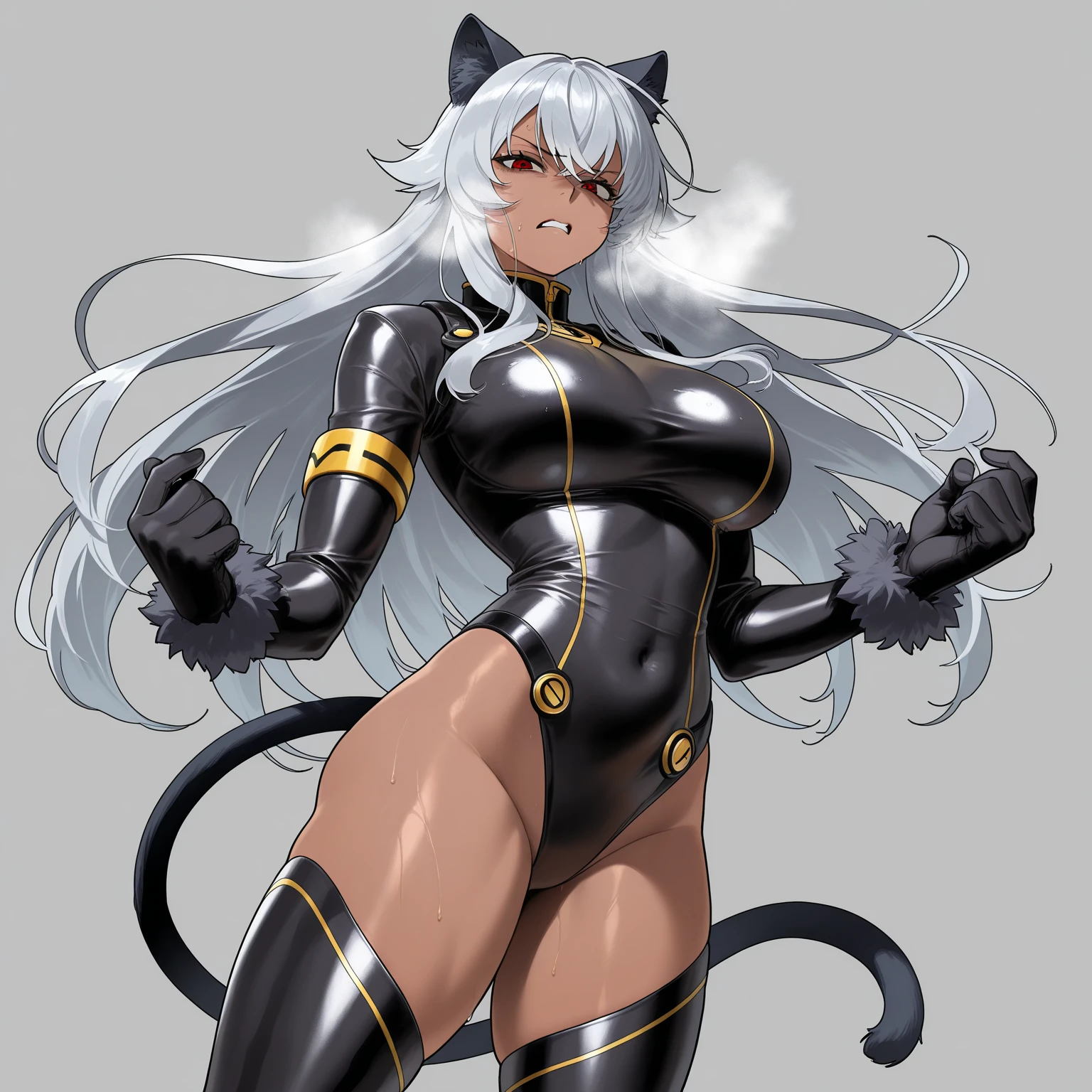 Voluptuous female, long white hair with braided strands, white cat ears, seductive pose, tight fitting and revealing black latex outfit, fishnet stockings, thigh high boots, red eyes,