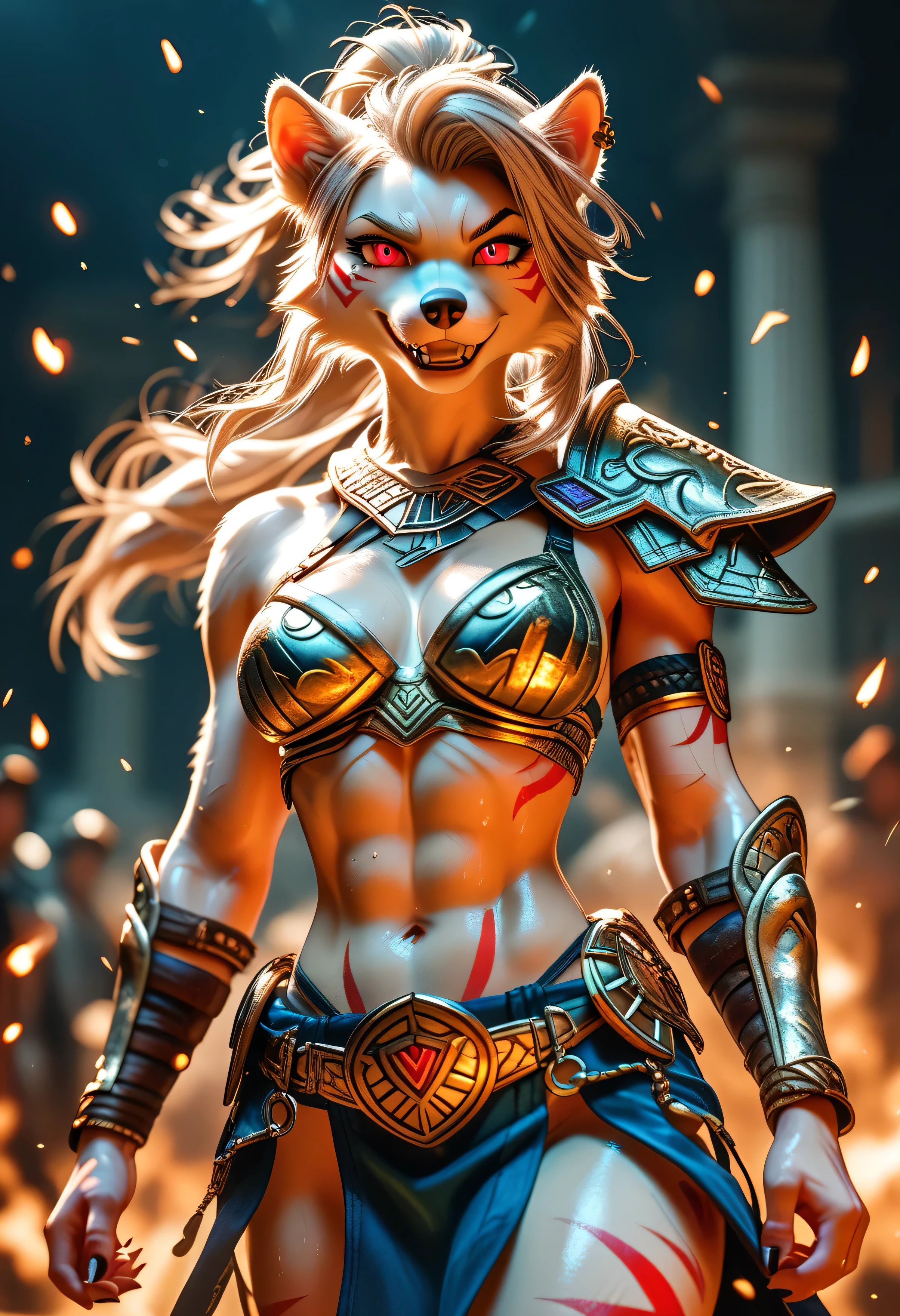 Anthro Loona in an open coliseum, fierce pose with dust swirling, standing confidently with claws extended, wearing a battle-worn fantasy bikini armor, glowing tribal marks on her arms, fur messy, one fang showing in a wild grin, red glowing eyes focused on her opponent, cinematic perspective, harsh lighting, (sakimichan), 1dk, 8k, masterpiece, ultra-detailed, expressive pose, (Expressiveh:0.8)
