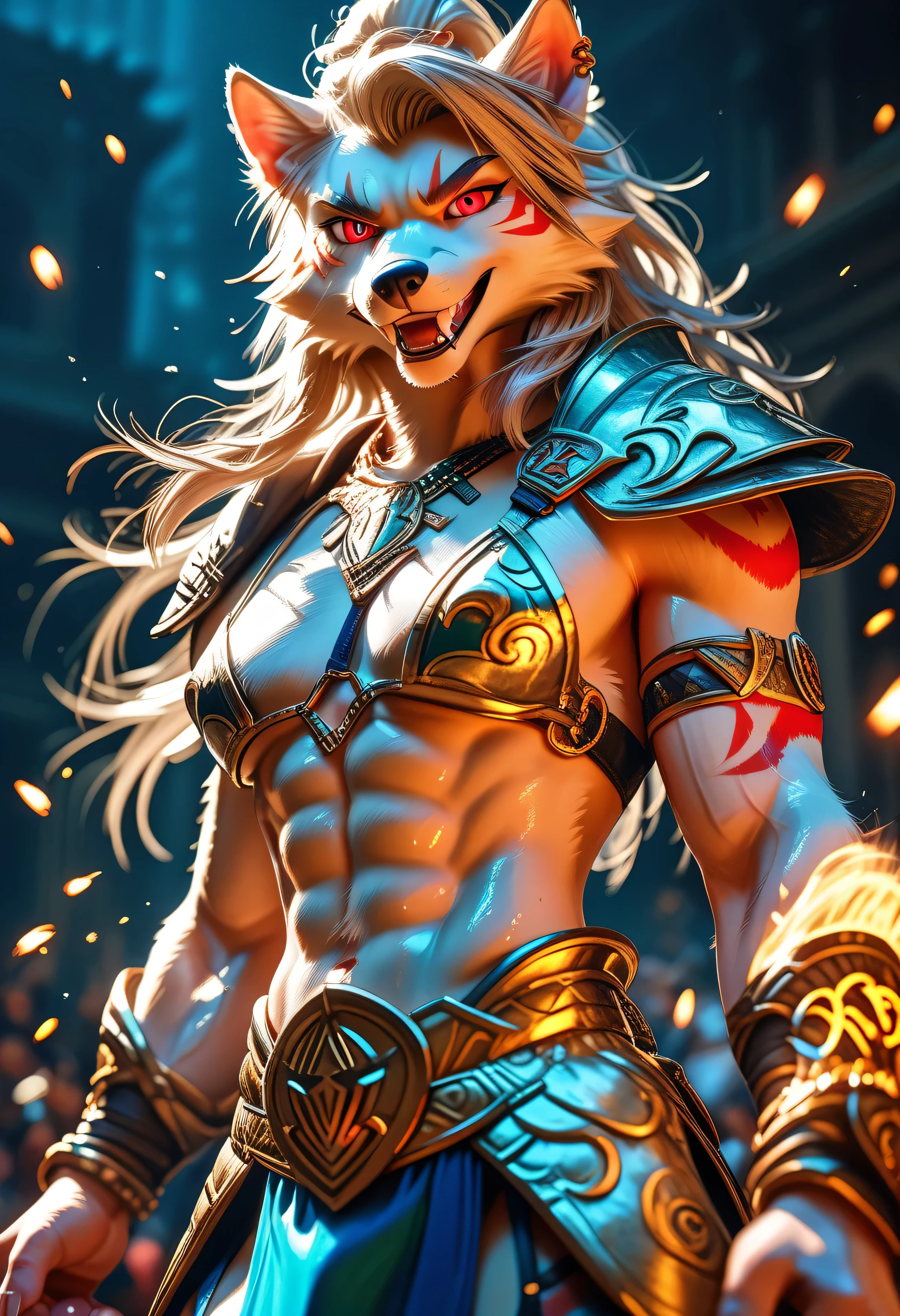 Anthro Loona in an open coliseum, fierce pose with dust swirling, standing confidently with claws extended, wearing a battle-worn fantasy bikini armor, glowing tribal marks on her arms, fur messy, one fang showing in a wild grin, red glowing eyes focused on her opponent, cinematic perspective, harsh lighting, (sakimichan), 1dk, 8k, masterpiece, ultra-detailed, expressive pose, (Expressiveh:0.8)