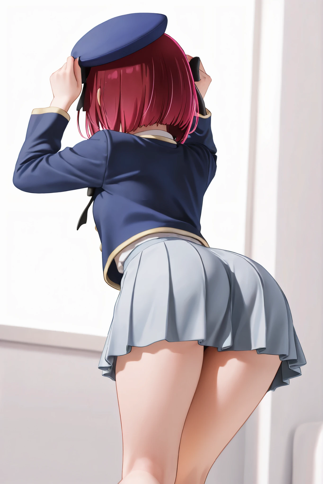 masterpiece、ighly detailed、(1 girl in:1.2)、Red hair、Learn uniforms、big eye、a closeup、A smile、8K、short-hair、(((anime styled)))、Shining eyes, school uniform, classroom, (leaning), ((ass)), facing back, white panties, skirt, beret, grabbing ass