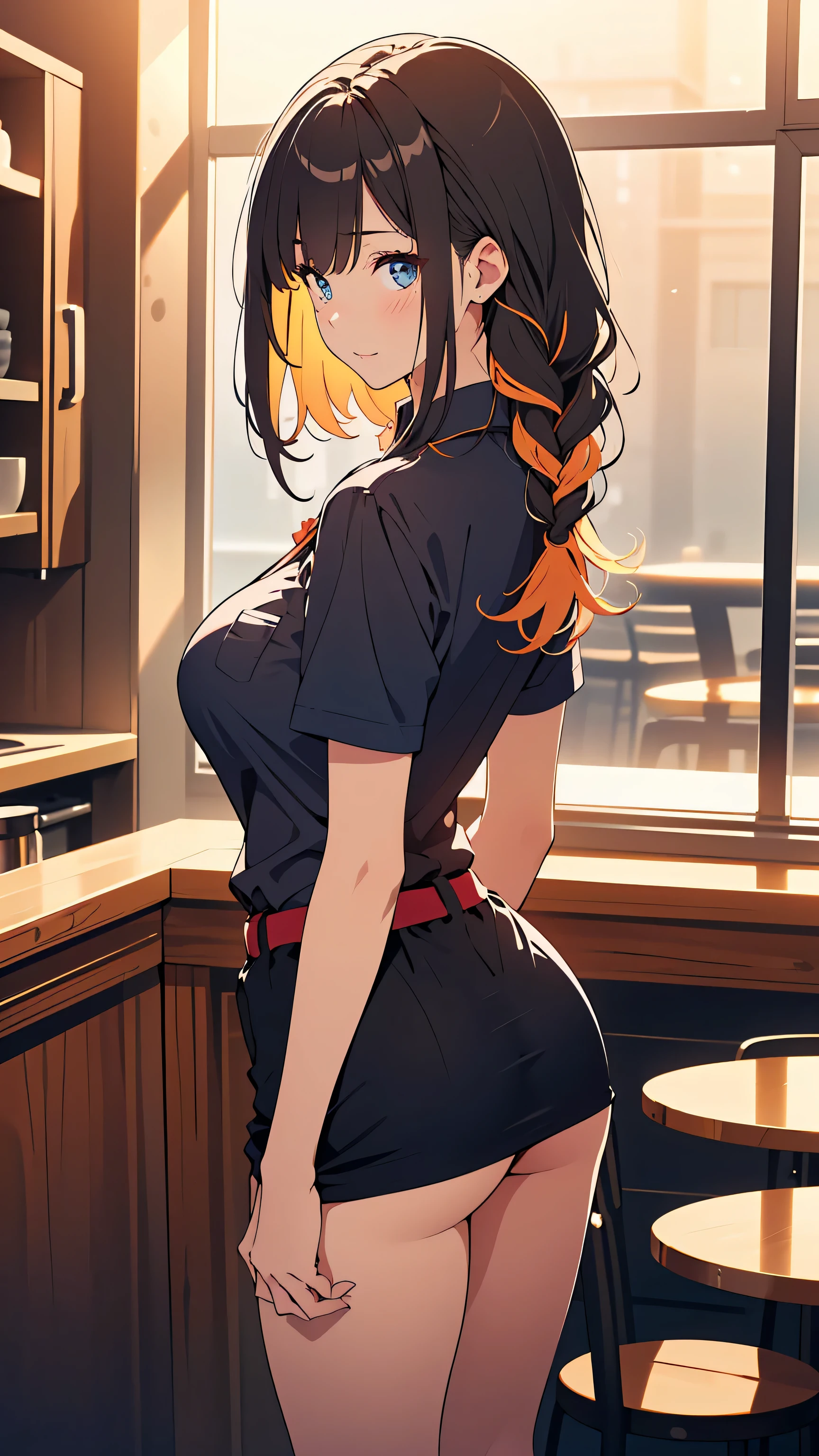 masterpiece, best quality,  I Want You to Pay Attention , blurry background,  (( Fine line drawing:1.3)), 非常にdetailsな,  details, high resolution,     8k Wallpaper, Perfect Dynamic Composition:0.5, Biologically accurate bone structure and limbs, beautiful eyes with attention to detail, (medium hair, loose braids  , Thinning hair, Random Color), ( big natural breasts :1.6),  H cup breast size , plump chest:1.5, soft breasts , natural colored lips without getting wet,  ((Cheerful expression)), (cute pose with your butt facing the camera, Sexy Poses:1.3), beautiful legs, (((28-year-old woman, Adult body))), (white, business shirt, Collared y_shirt), (Stylish skirt , Random Skirt), from the side, Bright sunshine:1.5, light towards the surface of the water is shining in:1.3, (stylish street cafe), European style cafe, orgasm face ,winks at the end, closes one eye