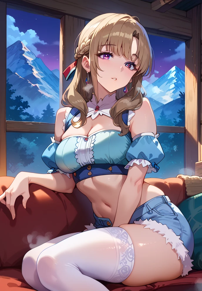 nsfw:1.6, Top quality, ultra high resolution, , (top quality, high resolution, 4K, detailed lighting, shaders, perfect anatomy, perfect proportions), eye of the beholder, (masterpiece, top quality) (top quality, 4K, 8K, high resolution, masterpiece: 1.2), highly detailed, (masterpiece: 1.3, top quality, ultra high resolution, ultra detailed), (top quality: 1.2), perfect eyes, perfect face, (top quality, 4K, 8K, high resolution, masterpiece: 1.2), highly detailed, (top quality, 4K, 8K, high resolution, masterpiece: 1.5), masterpiece, top quality, ultra detailed, top quality, high resolution, 32K CG, very delicate and beautiful, illustration, high resolution, sharp focus, 1 person, very beautiful and detailed anime face, very detailed eyes, ((masterpiece)), ((best quality)), (super detailed), ((cute)), cute, ((very detailed)), 4K, (8K), best quality, (best quality, 8K, 32k, masterpiece, super high resolution, very detailed, impressionistic:1.2), blurred background, (two arms) , (two legs), (four fingers and 1 thumb) , only one belly button, Bare shoulders.
(Beautiful busty woman in her 20s: 1.1). (Taking a photo of her breasts: 1.5). (Profile: 0.9). (Looking at me: 1.2). (Snowy mountain: 1.6). (Blue sky: 1.6). (Gingham check mini skirt: 1.5). (skirt lift:1.2).(Topless: 1.7). (Neatly trimmed blonde pubic hair: 0.8). (Beautiful blonde hair: 1.4). (Shiny straight medium-long hair: 1.3). (running in the woods: 1.3). (Whit checked scarf: 1.5). (Necklace, bracelet, anklet: 1.4). (White fluffy snow boots:1.3), (Arms up: 0.8). (Bangs swept to the side, showing forehead: 1.4). (Blue-green eyes). (Happy smile: 1.4). (Blushing: 1.1) (Dark skin: 1.4). (Perfect proportions: 1.6). (Small pink nipples: 1.3). (Large breasts and nipples not covered: 1.2). (No panties: 0.8). (Garter belt:1.6), (Full and beautiful breasts: 1.6). (Perky breasts: 1.5). (Thin waist: 1.2). (Slender figure: 1.2). (Beautiful cleavage: 0). (Realistic facial expression: 1.4). (Realistic background: 1.5).