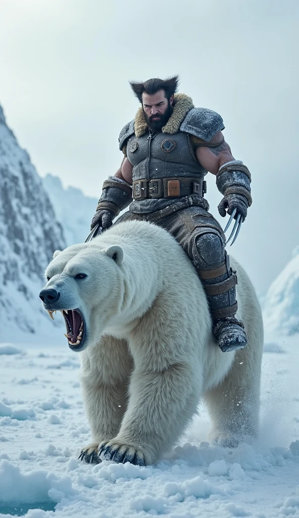 Ozai fire lord shirtless, riding a polar bear with deadpool's head in its mouth in sub-zero temperatures