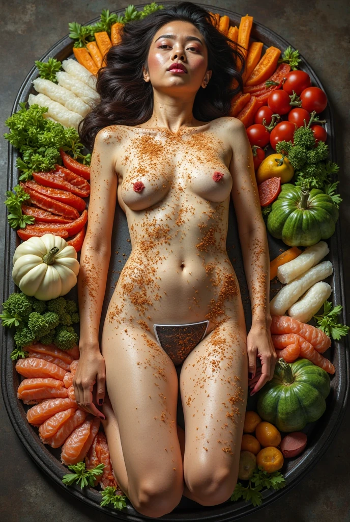 on a luxurious dining table.An extremely beautiful model lies on her back.The chest and between the legs are covered with vegetables.Like a human body feast.