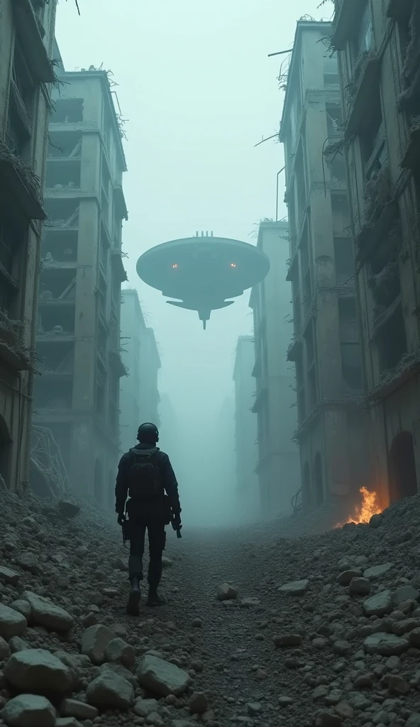 A spaceship lands close to Earth and an armed soldier is nearby. A destroyed city with wreckage and rubble everywhere. Destroyed buildings and structures. Fog all around. Ambient lighting. Cinematic photography. The buildings have many holes and some soldiers can be seen inside one of the destroyed structures.