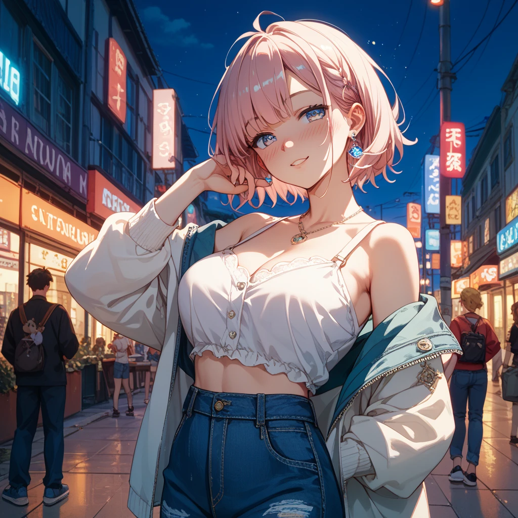 1girl, big breasts, perfect eyes, good figure, cute, right fingers, right thighs, short white hair, pink eyeballs, baby face, wearing plain white shirt, denim shorts, city, absurdres, high res, ultrasharp, 8K, masterpiece, looking at viewer