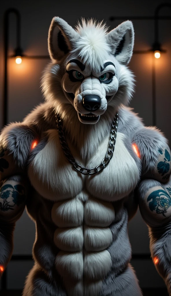 (best quality,4k,8k,highres,masterpiece:1.2),ultra-detailed,realistic,photorealistic:1.37,portrait,gray toned lighting,sharp focus,physically-based rendering,vivid colors,bokeh,illustration,fursuit,muscular,wolf gymer,big thong,posin