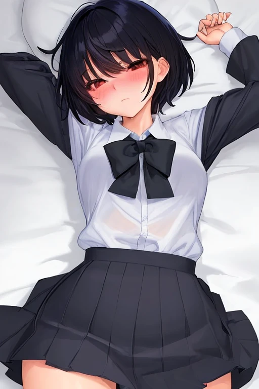 1girl, solo, thin, nakahara_misaki, bob cut, short hair, black hair, small breast, pussy clitoris, bottomless, Girls sprout of pubic hair, grool, dripping white grool from vagina hole
BREAK necktie, shirt, black shirt, plaid, plaid necktie, jacket, long sleeves, plaid skirt, pleated skirt, collared shirt, blazer, ribbon, white jacket, black ribbon,hair ribbon, grey necktie, buttons,
BREAK looking at viewer, upper body, blush, embarrassed, open mouth, light smile, (orgasm:1.2),
BREAK indoors, bedroom, pillow, (Lying, Lying on bed), (wide spread legs), spread arms,
BREAK (masterpiece:1.2), best quality, high resolution, (beautiful detailed eyes:1.2), extremely detailed face, extremely detailed CG, (perfect hands, perfect anatomy),
