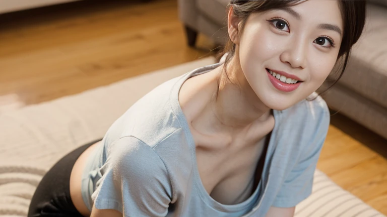 (Best Quality, 8K, 32K, masutepiece, nffsw:1.3),Photo of Pretty Japanese woman, Large breasts, Very short bob hair,Upper body,(Tank top, Short pants:1.1) ,Necklace, Healthy skin, Simple background, (Looking down:1.2),Smile, Reaching out, lying on the bed, Cleavage view, High angle,closed eyes