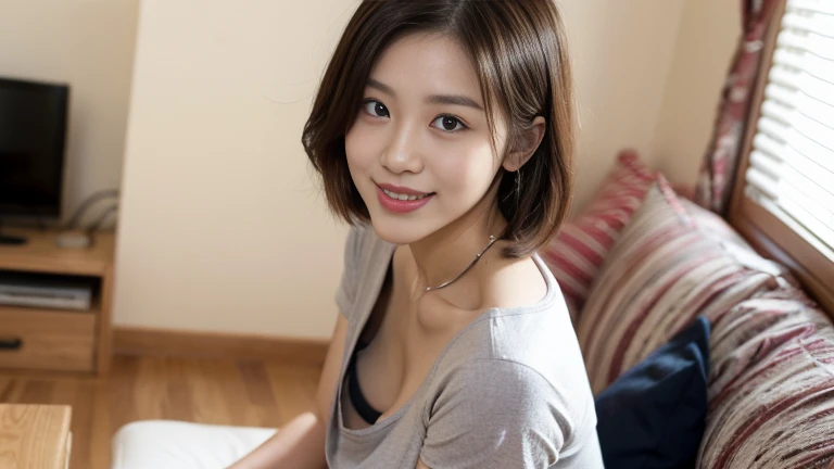 ((highest quality、best image quality、ultra high resolution、Drawn in ultra high definition、alone、look closely at the camera、light colored eyes))、1 girl、realistic、Depth of written boundary、natural soft light、daytime、charm、beautiful face、cleanliness、pure face、white skin、cute、short hair、beach、Light of the sun、nadium chest、Full body Esbian、((Pale pink sweater、Money is more important than beauty、very beautiful big、Beautiful and very large udder、Chest opened、show to audience、expose your waist、publish one'shoulder、Lean forward to show your chest))、long neck、show me your ears、Clean short bob hair with bangs、Very smiley、perfect fingers、perfect hands、perfect body、perfect face、Shine a light into your eyes、perfect anatomy、tall supermodel、Supermodel with long legs、Supermodel with a long neck、Wide shoulder、arms should be lowered to the sides、stand、Slightly above the chest、bright windowsill background、smile at the audience、laughter、smile、that'that'that's very 大きい today、beautiful teeth、beautiful teeth alignment、Chest wide open、beautiful decollete、Very beautiful sexy woman with a lot of exposure、Pay attention to your audience、Look up at the viewer slightly above......、slightly upward、shadow fade、 chest:1.9, cleavage:1.9