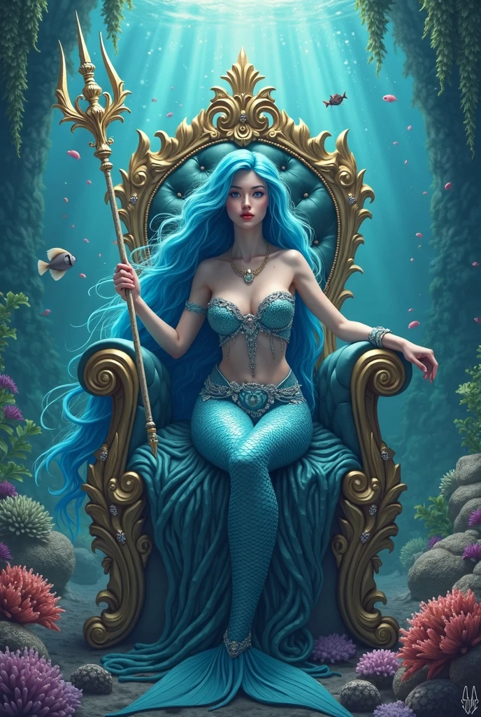 Perfect face, cute girl, big breasts, blue hair, under water city, queen of the ocean, naked, throne, holding trident, pearl necklace, fishes, back view