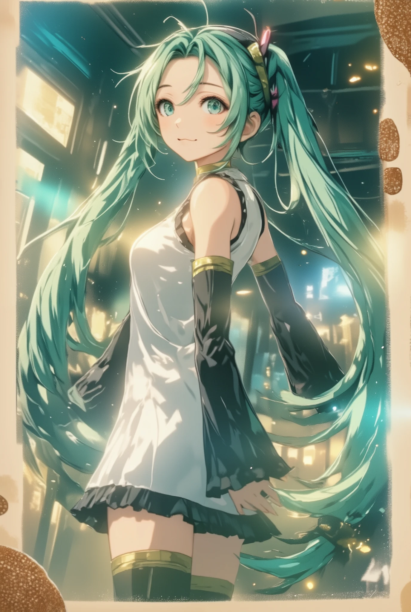 ( masterpiece、 best quality、 best quality、Official Art、 beautiful and beautiful :1.2) Hatsune Miku、light green twin tails, beautiful breasts, "1970's Polaroid photo, Heavy film grain, magenta and yellow light leaks, and chemically induced color changes. emulsion deterioration and fingerprint stains on the edges, and subtle motion blur due to old camera mechanisms, and flash over exposing the person in the center.",Old Photos 、vintage snapshot, , sepia, , Photographic Reality,(Old Photos、monochrome、collage art、 Photo Frame、crop、Exquisite picture )、