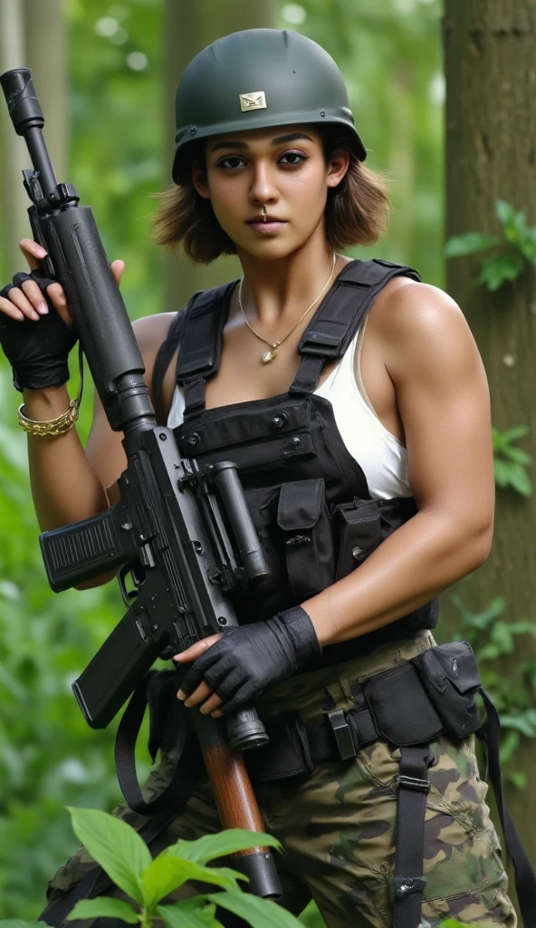 A beautiful wild woman playing a survival game。The upper half of the body is wearing a white swimsuit under a tactical vest.。Thick muscular arms。Six Pack Abs。Chubby。The lower half of the body is wearing camouflage pants。He wears black leather tactical boots.。Holding an assault rifle in both hands。He has a tactical helmet on his head.。Surrounded by trees々There are、Nature is plentiful。
