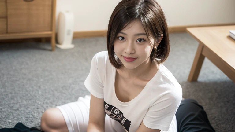 highest quality、Inside the gym、Wood Grain Floor、Wood grain wall、Woman sitting on the floor、Cute face、smile、Red badminton wear、White shorts、Short Hair、Black Hair