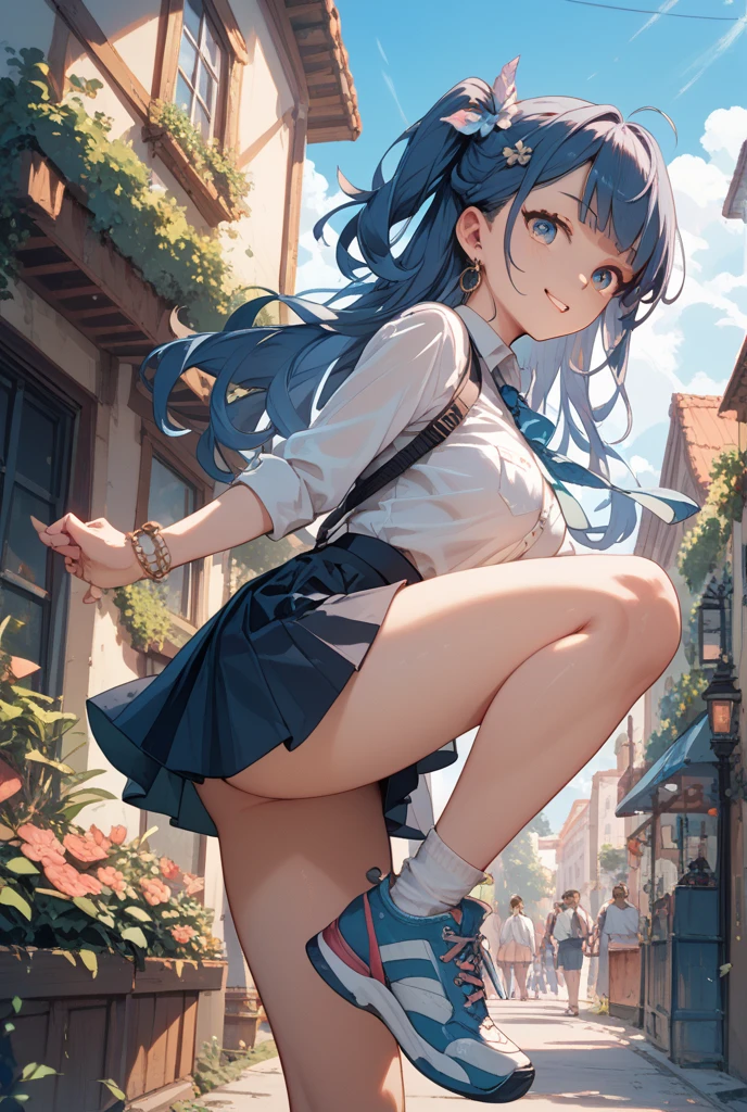 (Vulgar,nsfw),(skirt lift,very windy),(beautiful elegant white panties),very low angle,from below),((masterpiece, highest resolution,best quality)), (beautiful illustration), ((Kamisato Ayaka in Genshin Impact)), ((semi long beautiful silver blue hair,blunt bangs,pony tail,beautiful blue eyes)),(solo),(beautiful elegant office blouse and black skirt,skirt lifted by the wind),(looking at the viewer), (walking around the shopping mall),
(innocent smile, Embarrassed),(white over-kneehighs,Lace chalker, wristband, fingerless gloves, over-kneehighs,
Lace chalker, diamond necklace,wristband, fingerless gloves, earrings), (cinematic lighting, very windy),shopping mall,big city,busy street,day,blue sky,flowers and trees,crowded,(from the ground),(beautiful elegant Underwear patterns),