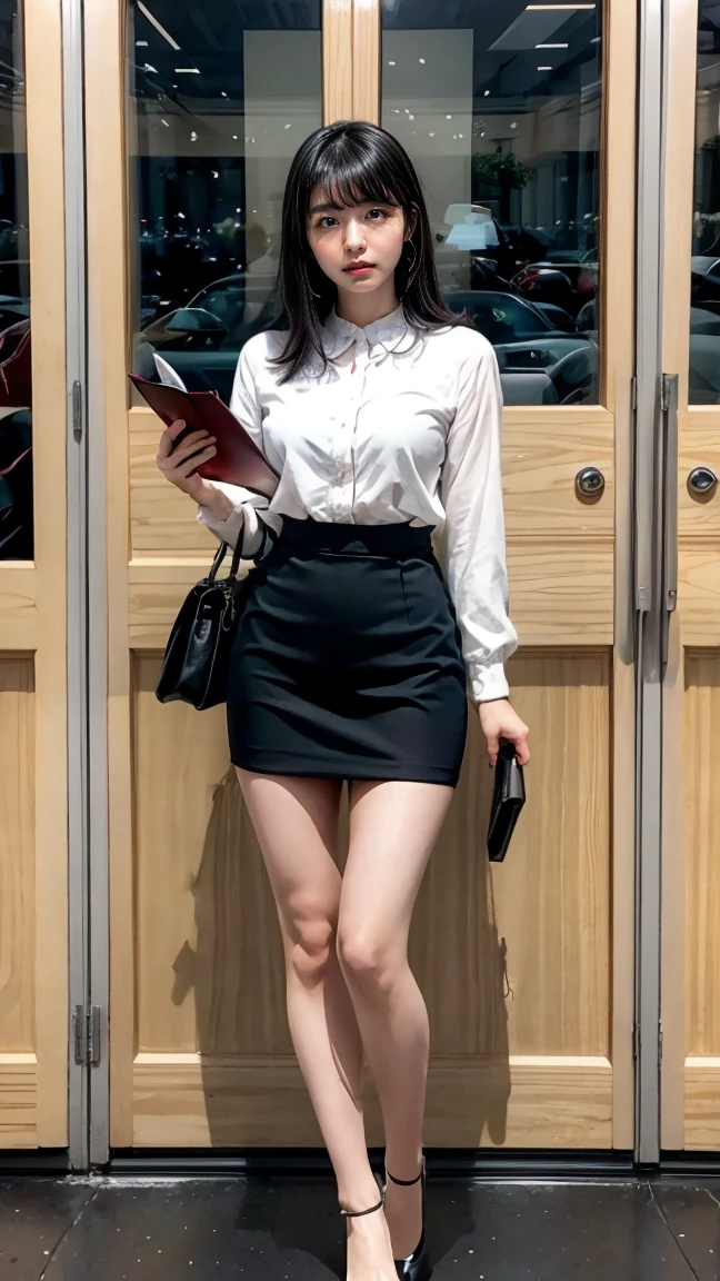 alone、solo、OL in her 20s in office uniform posing for a photo、(Black Pantyhose)、(Half Up),victory、Tsundere、Single knot、OL、suit、blue mini skirt、anger、small、Glasses、slim girl model photo、physical:the smallest middle-aged man in history、female model、Japanese female fashion model、(8k、RAW photo、highest quality、masterpiece:1.2)、(real、photorealistic:1.37)、Super detailed、Ultra high definition、office Street、 standing position、whole body、((((SEXY)))