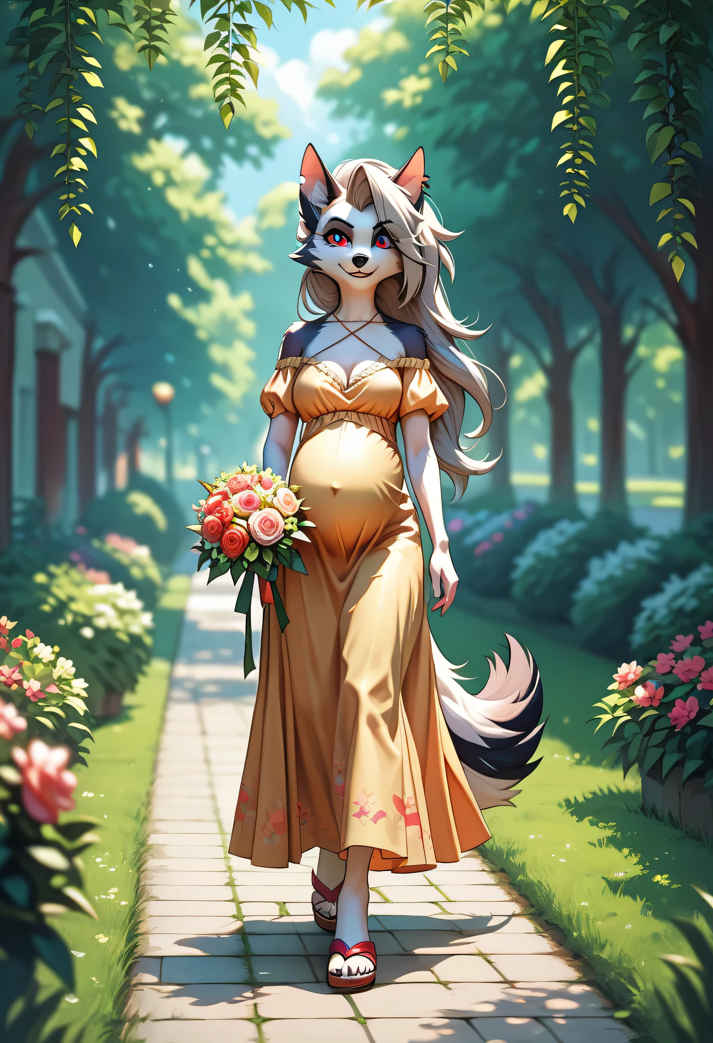 Anthro Loona from Helluva Boss, female furry, anime-style, full-body, walking through a park with a gentle breeze, one hand resting on her pregnant belly, the other holding a small bouquet of flowers, wearing a simple flowy bikini top with a wrap skirt and comfortable sandals, fluffy tail swaying in the breeze, glowing red eyes looking content, sun shining down with dappled light through the trees, serene and calm vibe, background with lush greenery and a few distant figures, (sakimichan) style, (score_9, score_8_up, score_7_up), 1dk, 8k, masterpiece, high quality, ultra-detailed, expressive pose, (Expressiveh:0.8)