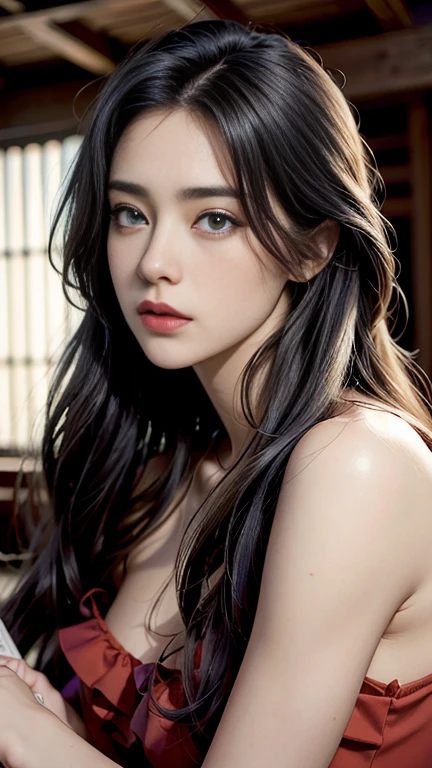 ((highest quality、masterpiece、Like the picture:1.4、In 8K)) Very good looking face、Black Hair、Dark Background、Facing forward、Big eyes、Very beautiful、Exotic Spanish atmosphere、