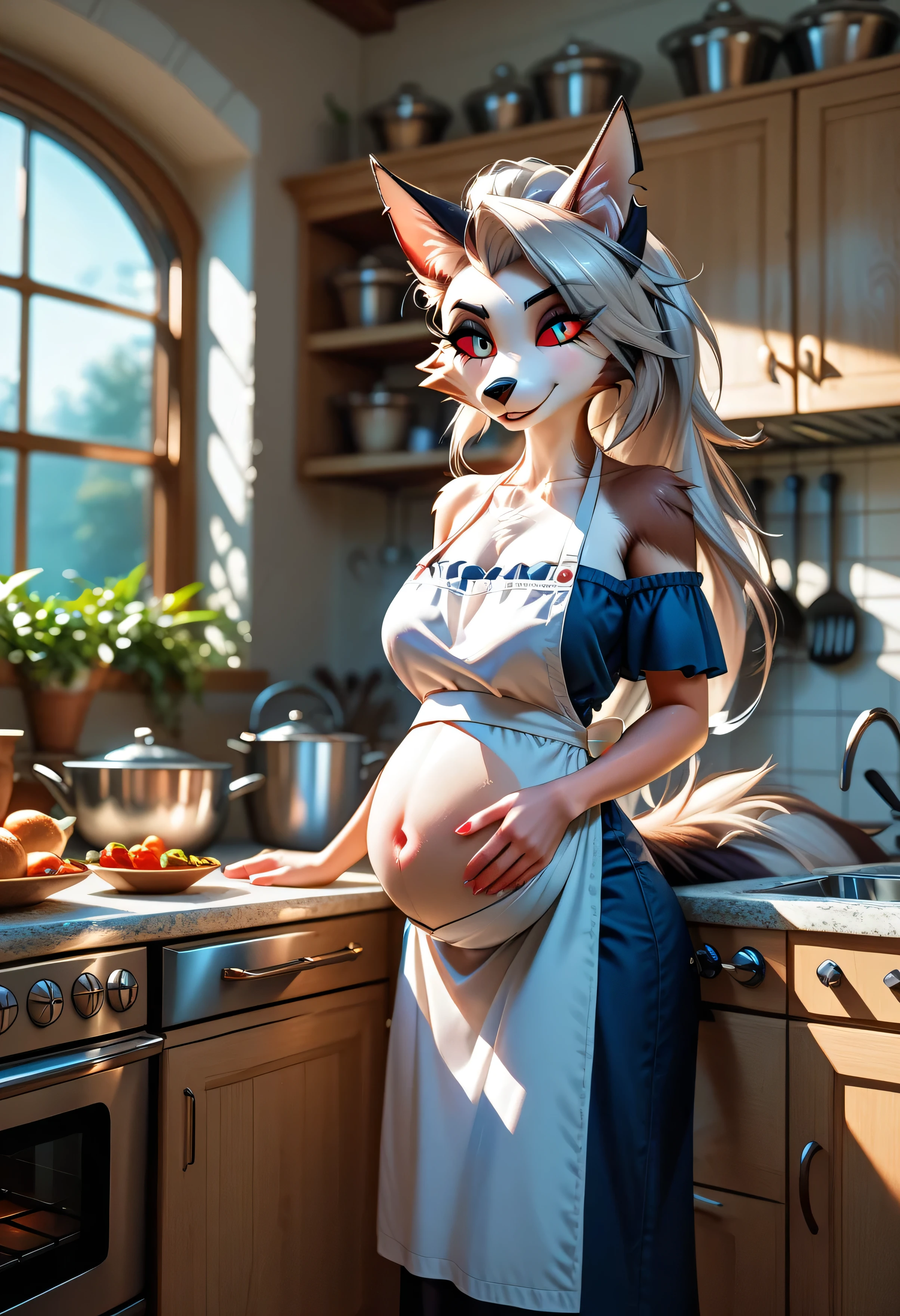Anthro Loona from Helluva Boss, female furry, anime-style, full-body, standing at the kitchen counter, preparing dough, her pregnant belly showing beneath a cozy kitchen apron and casual bikini, glowing red eyes focused and content, fluffy tail swishing behind her as she works, sunlight streaming in from a nearby window, kitchen filled with the scent of baked goods, background of rustic wood and appliances, relaxed and domestic atmosphere, (sakimichan) style, (score_9, score_8_up, score_7_up), 1dk, 8k, masterpiece, high quality, ultra-detailed, expressive pose, (Expressiveh:0.8)