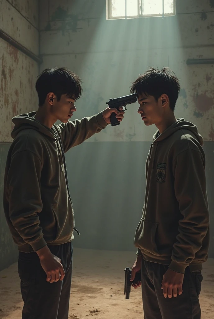Teenager pointing a gun at his teacher