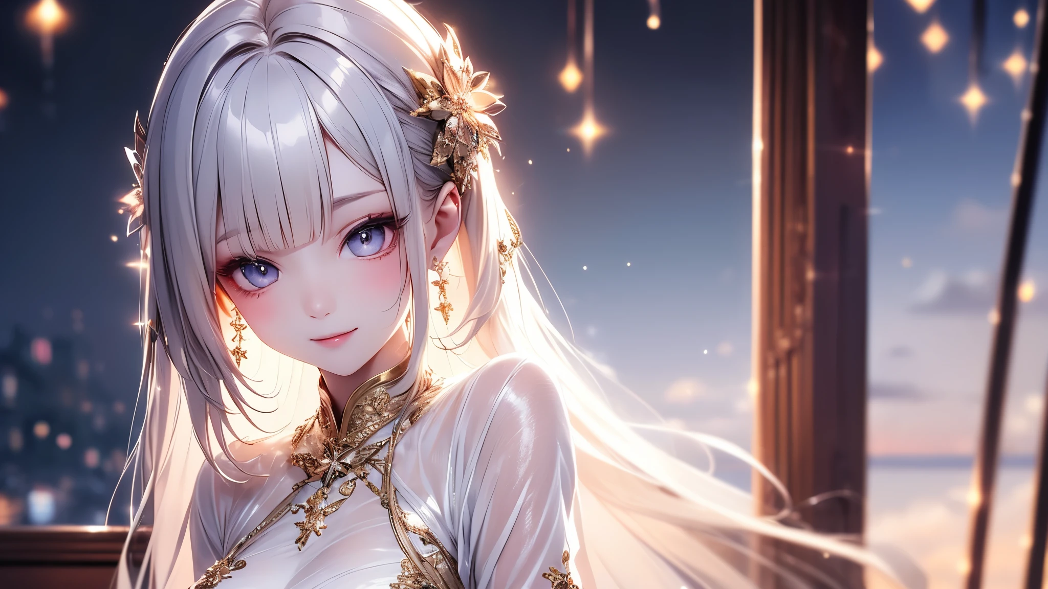 (masterpiece),(4K),High Quality,(small breasts),one girl、Sexy Saints , long silver hair ,pale skin,smile, Beautiful Detailed Grey Eyes, ( HIGH DEFINITION AND ELEGANT ),( White Capelet Fashion), Magical Color and Atmosphere , detailed skin from sleeve to chest,(Cute sparkle), light particles, The background is softly blurry ,Add dramatic and iconic elements to the scene, border before the big end, Bokeh, feels silky , transparent silk, soft, Lightweight clothing、H gold rewards、transparent 、 hyper-detail of the inn's bed,Creating a Dreamy Elegant Atmosphere