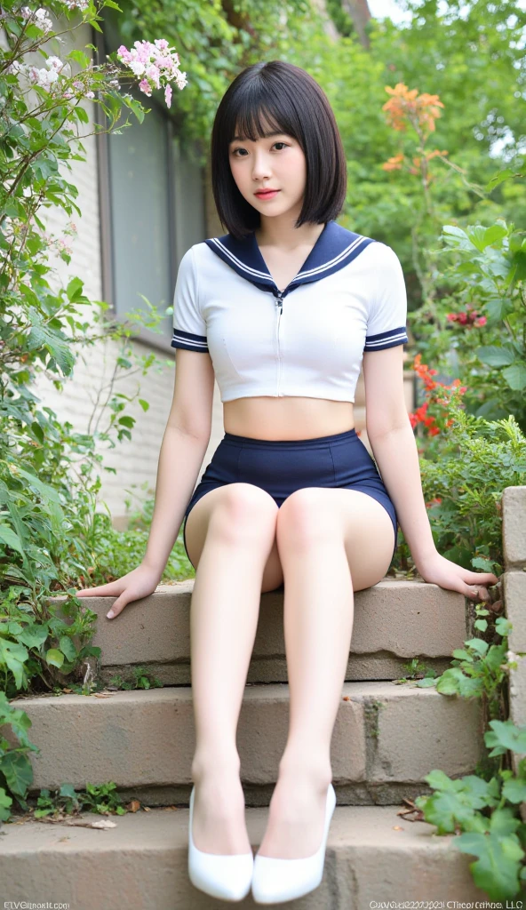 1girl, nude, black shirt, bangs, brown eyes, brown hair, large breasts, long hair, hair up, no bra, red bowtie, sailor collar, outdoor, sitting, analog film photo, Kodachrome