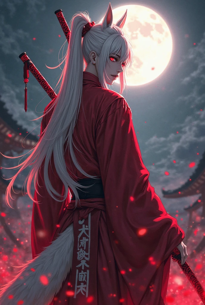 Man, With a dead expression and crimson red eyes shining under the moonlight, long crimson white hair hanging over his shoulder with a wolf tail and wolf ears the same color as his hair, with three blood red swords, with an army of giant wolves with crimson white fur, he wears red clothes with crimson white stripes and Japanese decoration, in the form of a human with hair tied up, like a ponytail his hair reaches his waist.
