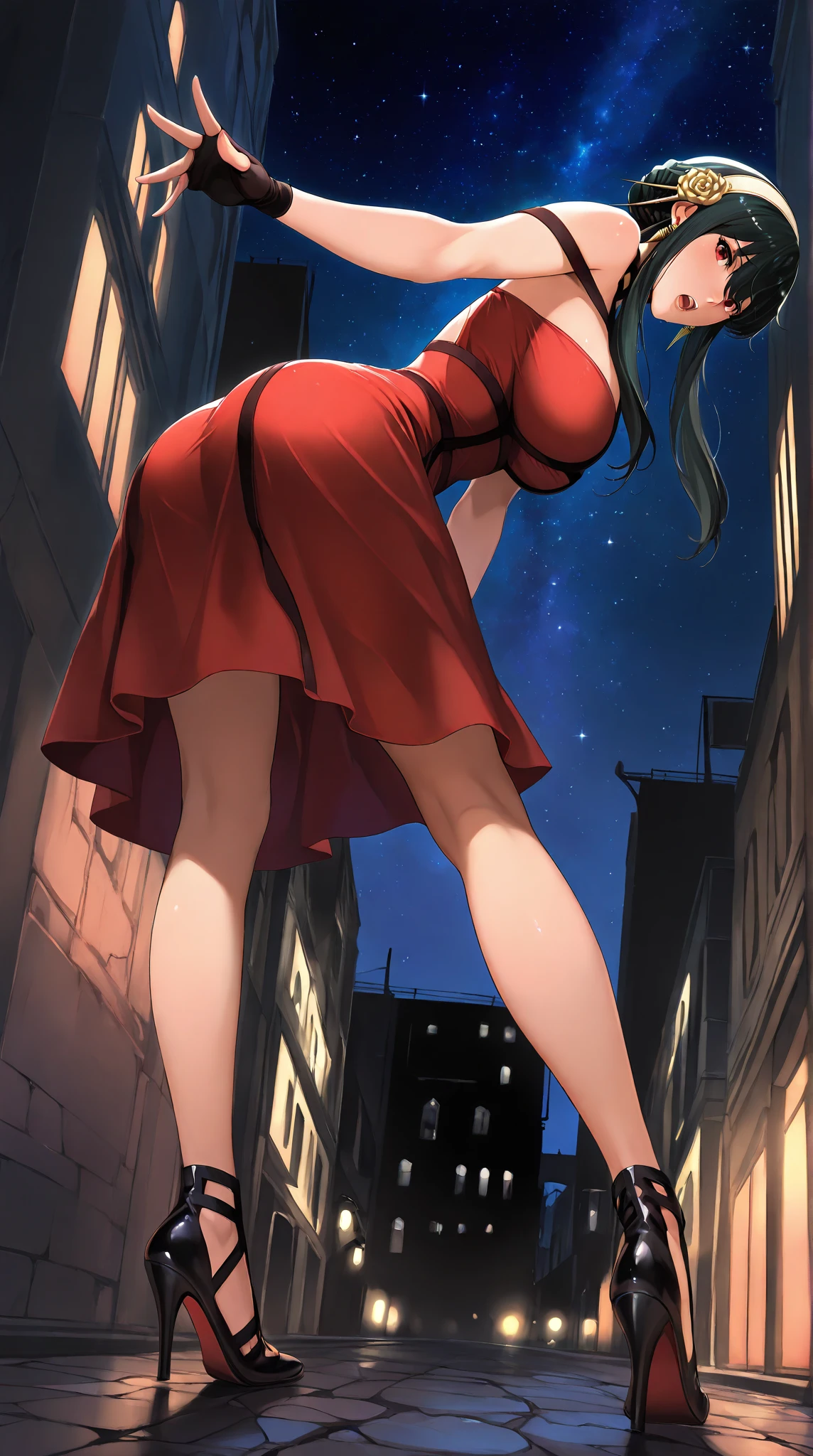 BREAK looking at viewer, BREAK outdoors, BREAK (masterpiece:1.2), best quality, high resolution, unity 8k wallpaper, (illustration:0.8), (beautiful detailed eyes:1.6), extremely detailed face, perfect lighting, extremely detailed CG, (perfect hands, perfect anatomy),makima, long hair, smile, bangs, (medium breasts:1.2), (yellow eyes:1.2),city,street,wet road,night, braid, red hair, braided ponytail, ringed eyes,japanese dress,red dress,neckline,cleavege,skinny fit,medium breasts,, necklace,showing panties,panties, upskirt,stockings,showing ass,from behind,bend over,bend down