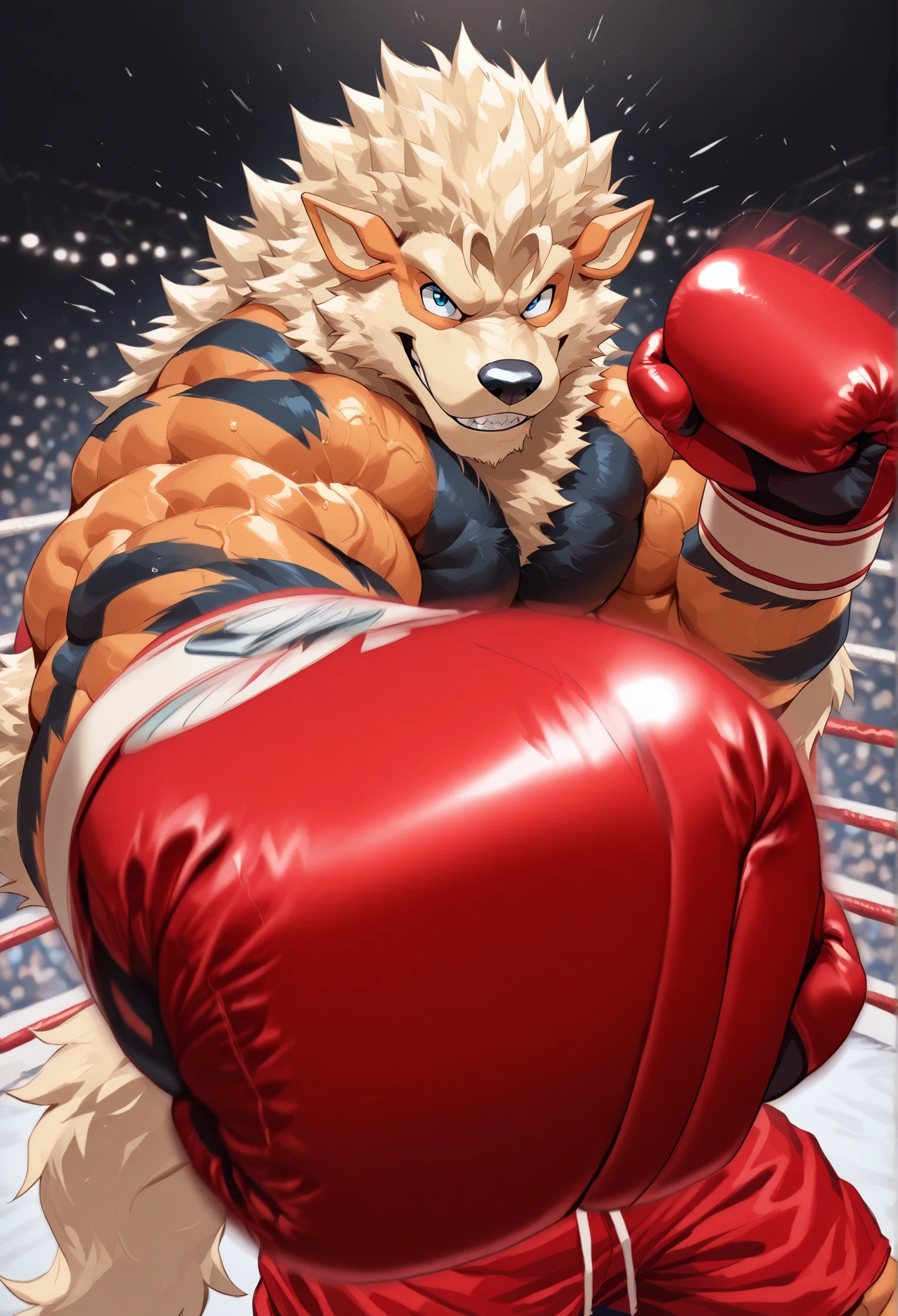 zPDXL3, pov_boxing, mercilessly punching_the_viewer, foreshortening, motion blur, red boxing gloves, red boxing trunks, depth of field, extreme perspective, closeup, action shot, boxing, dynamic punching pose, motion lines, impact lines, mercilessly barrage of punching the viewer, chopped head, boxing ring background, BREAKER Arcanine, heavywait boxing champion, furry male, heavy muscular, veiny muscles, looking at viewer, brave smile, brave eyes, large pectorals,