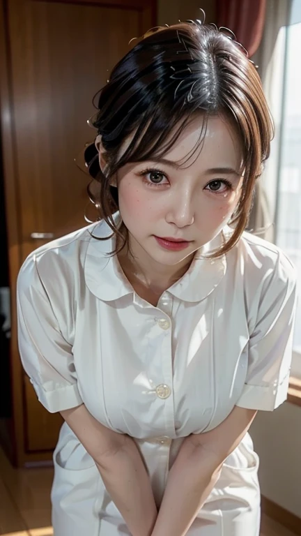 ((sfw: 1.4)), detailed face, cute face,brown eye, , extra short hair, sidelocks-hair, master piece ,lie , pillow hug dakimakura (object) , master piece , best quality , detailed , (matured female) , blouse , japanese , room , indoor