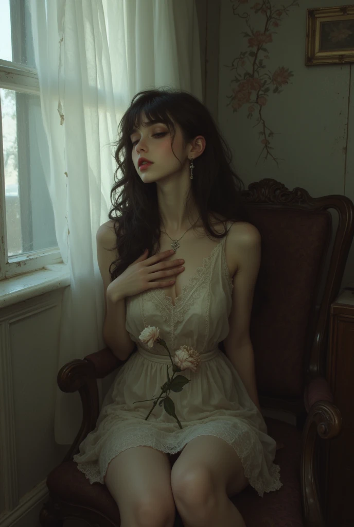 woman in a white dress sitting on the floor., Stefan Gesell, tattered gothic horror maiden, inspired by Bastien L.. Deharme, fine art fashion photography, Miss Aniela, tattered dress, inspired by verehin maxim, impressive and moody, dramatic lighting fantasy, by Elizabeth Polunin, by Ludwik Konarzewski