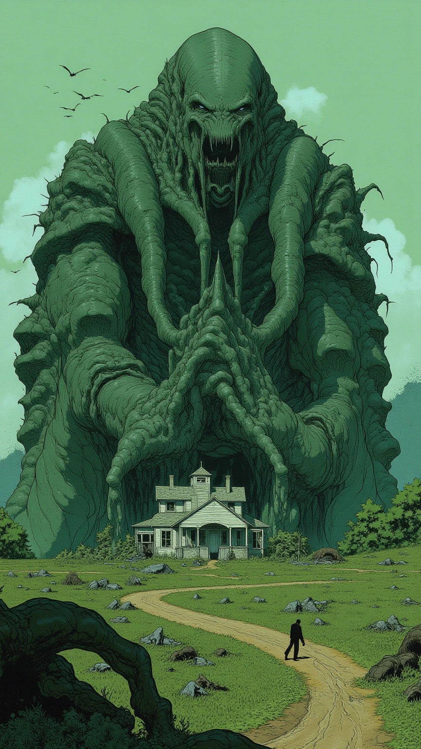 Giant creature covering weathered house, Giant limbs crushing the roof、Debris is scattered,{X} Giant creature covering weathered house {X} There is a silhouette of a person standing on a winding dirt road nearby, Eerie cloudy sky、Flock of birds flying in the distance,Highly unrealistic scene,Abundant greenery and rural scenery,Menacing presence of beast and sharp contrast,Creates a dramatic and unsettling atmosphere,Large monster straddling house、Crawling on all fours,Inspiration by Steven Coidl, Monster Concept Art, creature concept art,  Nostalgic conceptual art by Nevercrew ,   horror conceptual art  ,Firing monster, 隠れている不吉な生き物details,  Giant spiritual creature , Venom and Cthulhu miX ,  Lovecraft background  ,  Lovecraft Cosmic Fear ,  怖いdetailsカラーアート ,    Lovecraft Myths    , Lovecraft inspired,    Lovecraft Horror   , anatomically correct,  very detailsed,  details , Low-saturated illustration 