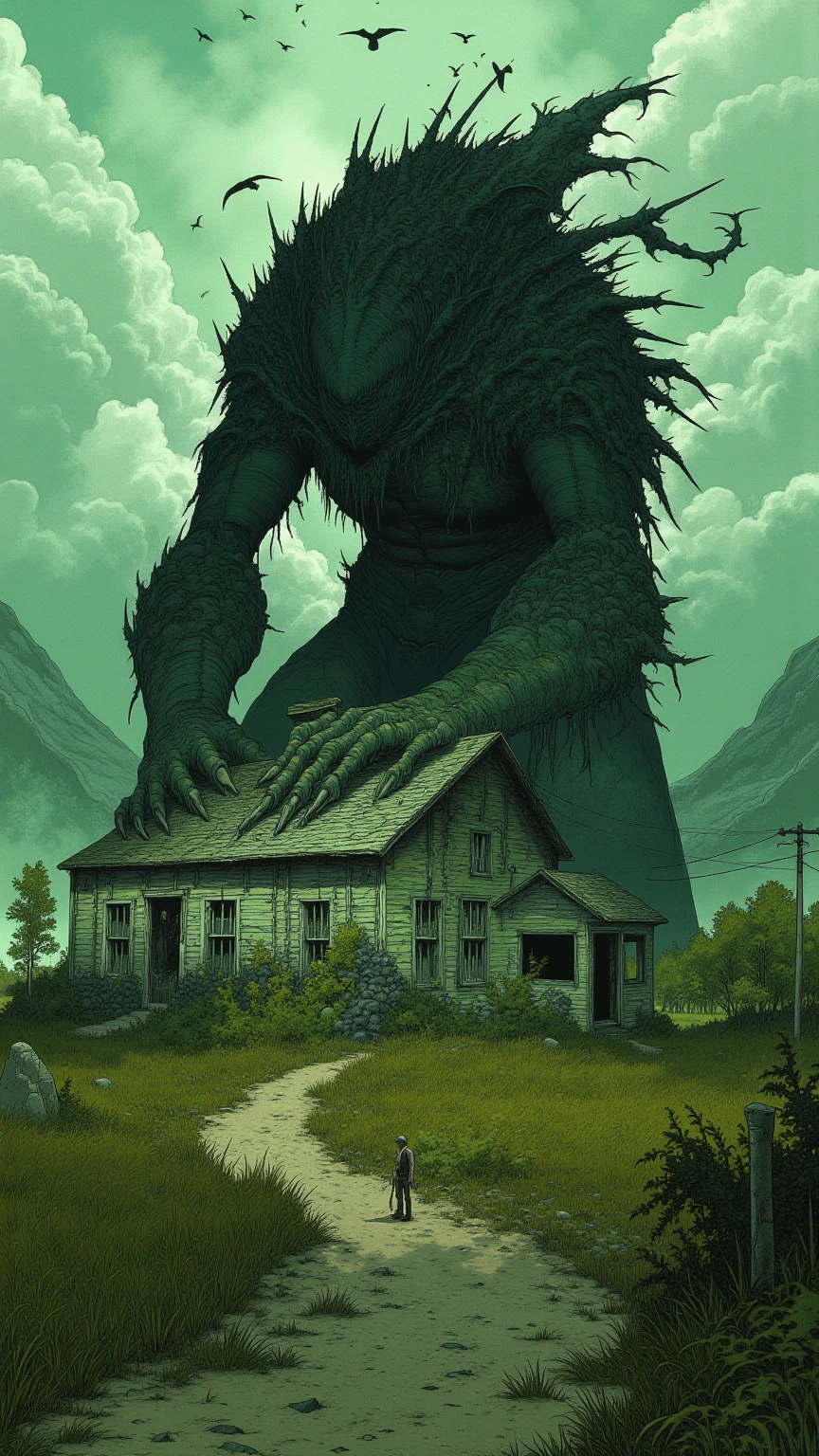 Giant creature covering weathered house, Giant limbs crushing the roof、Debris is scattered,{X} Giant creature covering weathered house {X} There is a silhouette of a person standing on a winding dirt road nearby, Eerie cloudy sky、Flock of birds flying in the distance,Highly unrealistic scene,Abundant greenery and rural scenery,Menacing presence of beast and sharp contrast,Creates a dramatic and unsettling atmosphere,Large monster straddling house、Crawling on all fours,Inspiration by Steven Coidl, Monster Concept Art, creature concept art,  Nostalgic conceptual art by Nevercrew ,   horror conceptual art  ,Firing monster, 隠れている不吉な生き物details,  Giant spiritual creature , Venom and Cthulhu miX ,  Lovecraft background  ,  Lovecraft Cosmic Fear ,  怖いdetailsカラーアート ,    Lovecraft Myths    , Lovecraft inspired,    Lovecraft Horror   , anatomically correct,  very detailsed,  details , Low-saturated illustration 