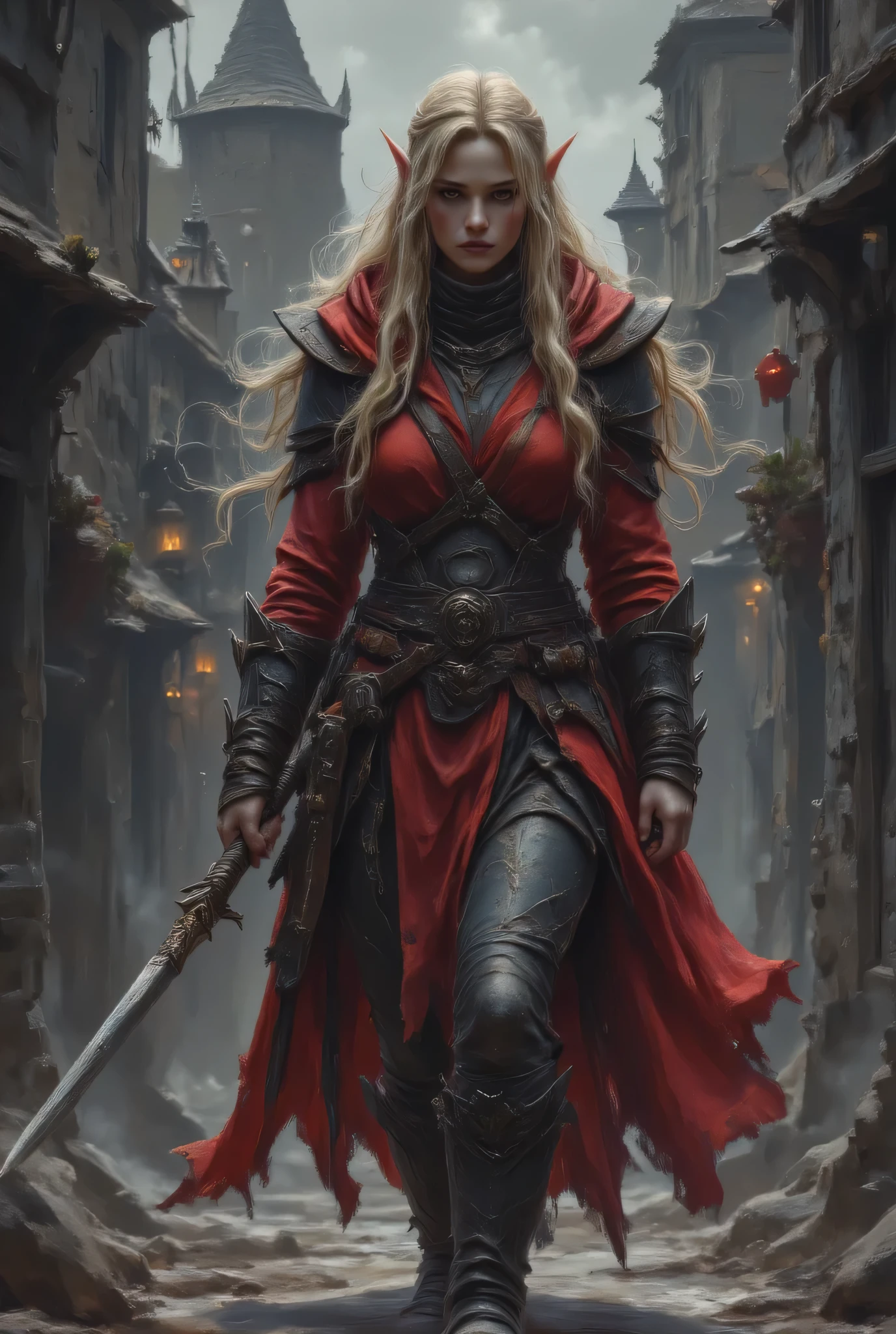 a black and white 1940s snapshot picture of a female elf, fantasy swashbuckler, fantasy fencer, armed with a slim sword, metallic shine, colorful clothes, full body, epic beautiful female elf, blond hair, long hair, billowing hair, small pointed ears, wearing  cloak, long cloak, (red cloak: 1.3) wearing elven leather armor, sense of daring, sense of adventure fantasy street, high details, best quality, 16k, [ultra detailed], masterpiece, best quality, (extremely detailed), dynamic angle, ultra wide shot, photorealistic, RAW, fantasy art, realistic art,((best quality)), ((masterpiece)), (detailed), perfect face, fantasy, Irelia