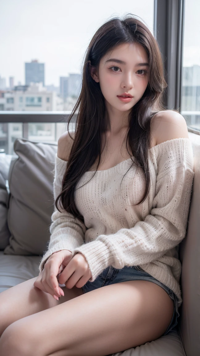 Masterpiece, Best quality, Dusk, Sunset, Cityscape, Real, Realistic, Huge_filesize, the wallpaper, Everyone, 2girls, Long hair, Medium hair, Laughing, Brown hair, Small breasts, seifuku, Pink hair, ribbed sweater, Off_Shoulder, white thighhighs, Earrings, necklace, Arm at side , Crossed_Legs,