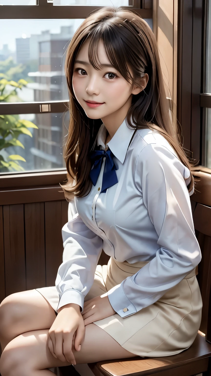 (Cowboy Shot)、alone、hair ornaments,Earrings、 cardigan, Loose low ponytail, Pink beige hair, Black bow tie, Sitting, desire,compelling glances,Hyperrealism, Original Creation, High quality 8K backgrounds, Intricately etched, Visually stunning, aesthetic wonder, Perfect excellence, The intense ambiguity, Calm colors、(Very long hair)、Beautiful woman,(school uniform)、Plain Shirt、Shirt with emblem on chest, Pleated skirt、(smile)、(((weak)))、((Delicate painting)),(Detailed RAW photos of girls), (highest quality:1.6), (Ultra-high resolution:1.5), (Realistic:1.75), 8K resolution, Canon EOS R5, 50mm, Absurd, Very detailed,Cinema Lighting,((Spread your legs))、((Panties are visible through the gap in the skirt))、((defenseless))、(cute printed panties)、(Wear socks)、Browsing Caution:0.2、Bright classroom